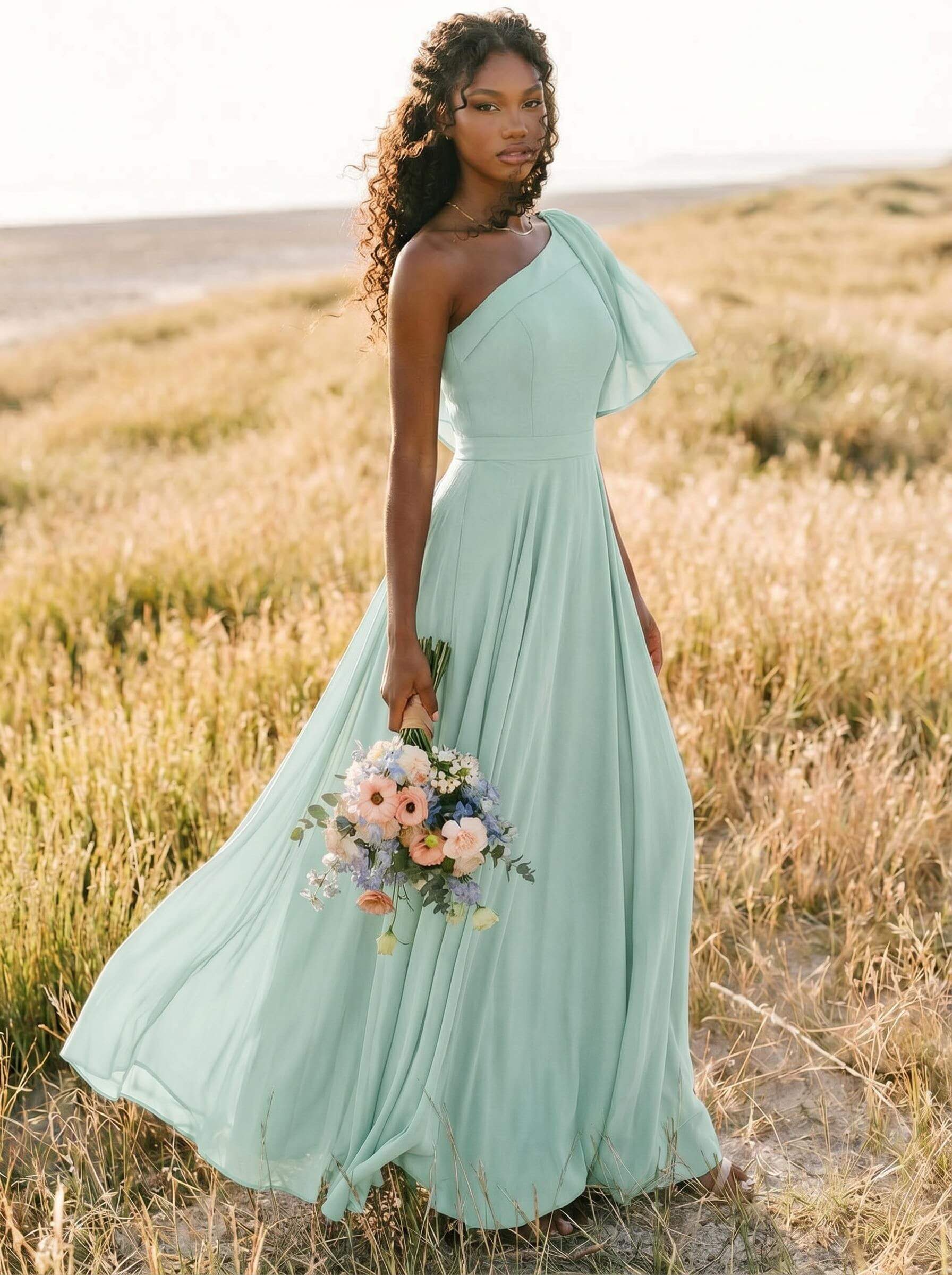 A-Line One-Shoulder Sleeveless Floor-Length Chiffon Bridesmaid Dresses With Bow(s)/Pockets, product image 228