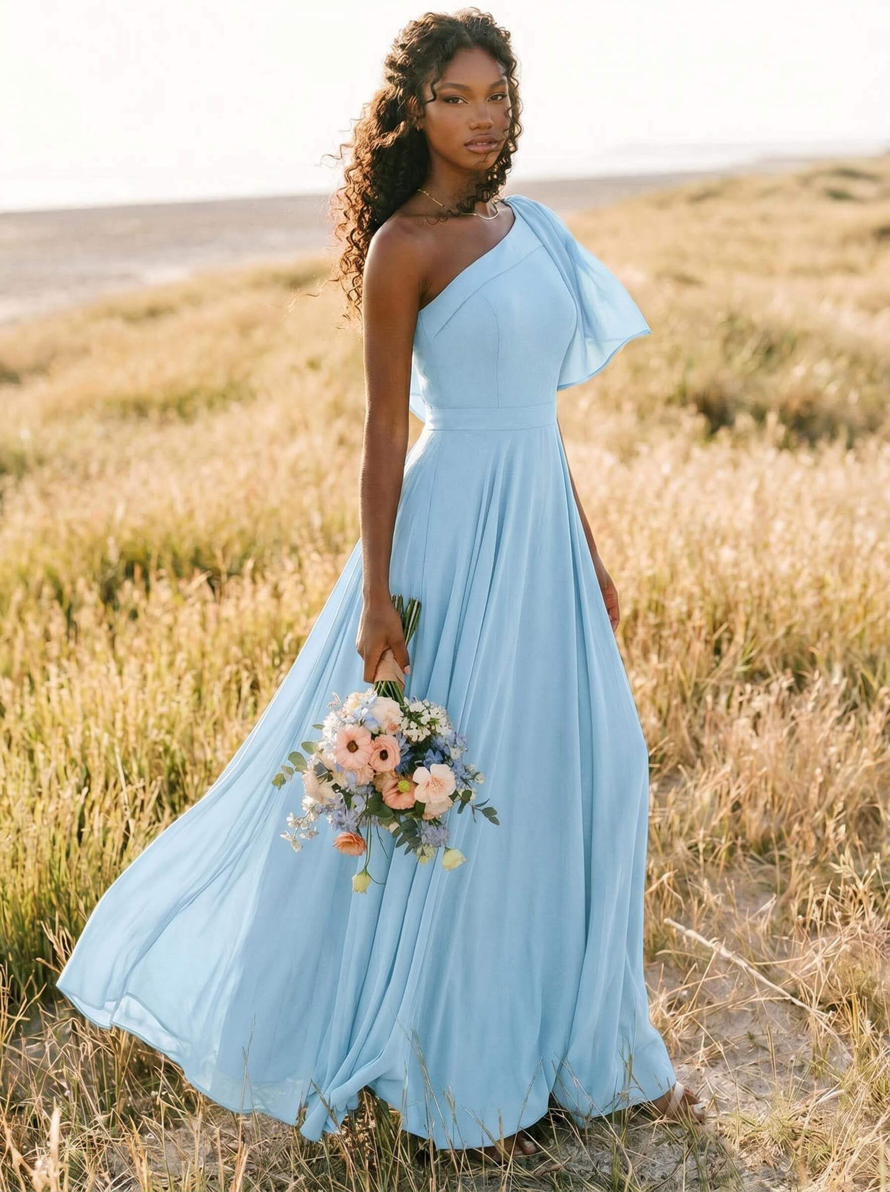 A-Line One-Shoulder Sleeveless Floor-Length Chiffon Bridesmaid Dresses With Bow(s)/Pockets, product image 160