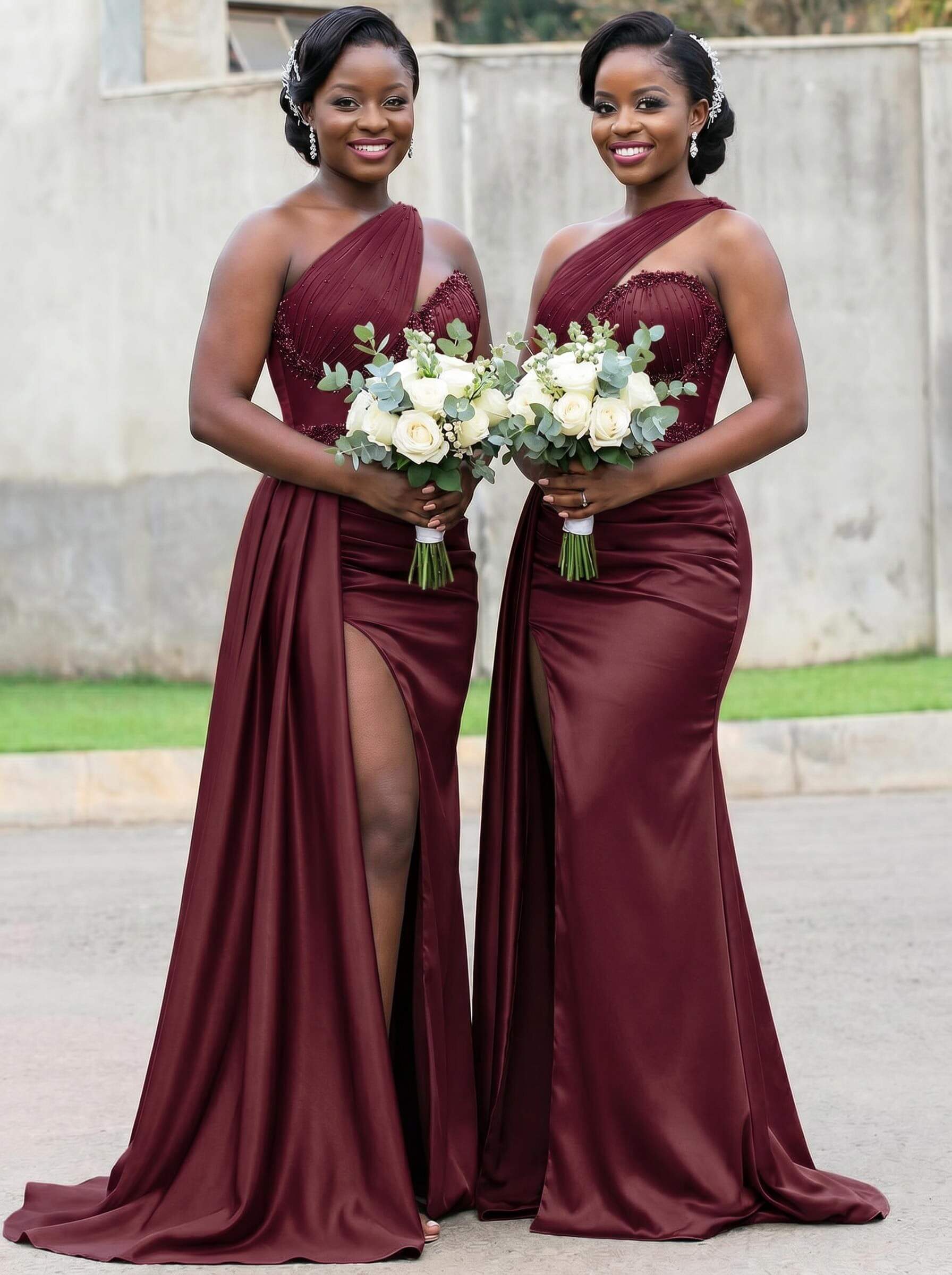 Trumpet/Mermaid Asymmetrical Sweep Train Charmeuse Bridesmaid Dresses With Rhinestone/High Split