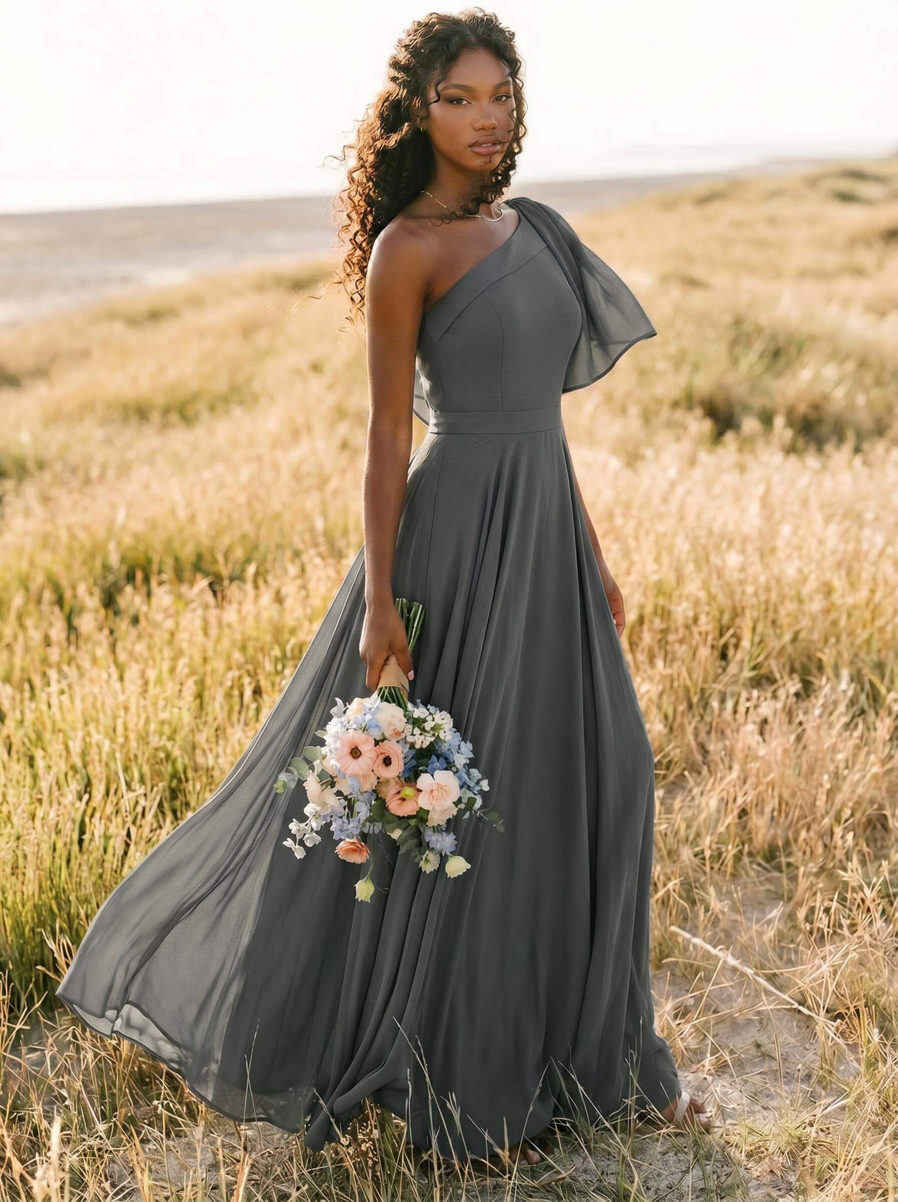 A-Line One-Shoulder Sleeveless Floor-Length Chiffon Bridesmaid Dresses With Bow(s)/Pockets, product image 254