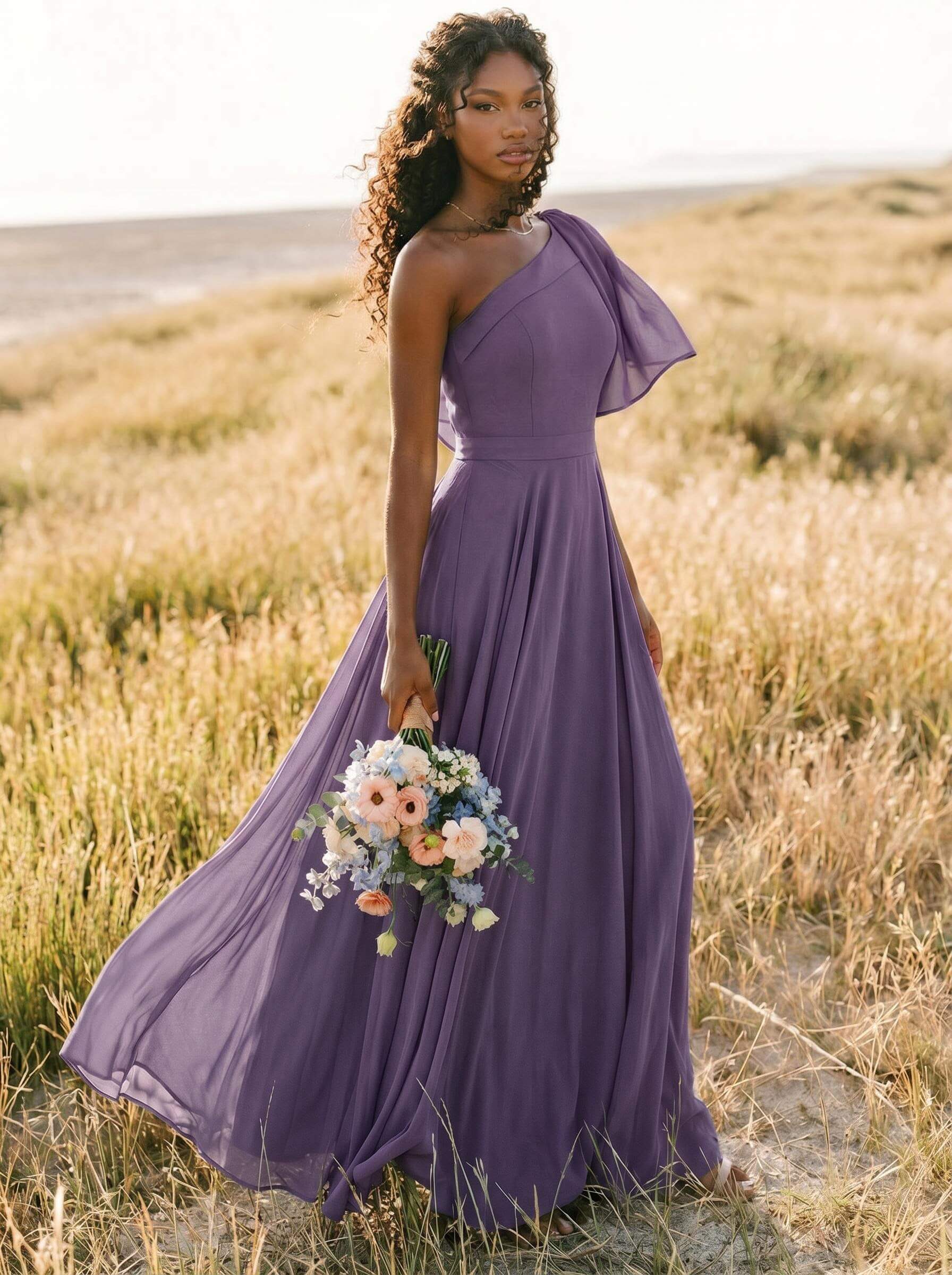 A-Line One-Shoulder Sleeveless Floor-Length Chiffon Bridesmaid Dresses With Bow(s)/Pockets, product image 204