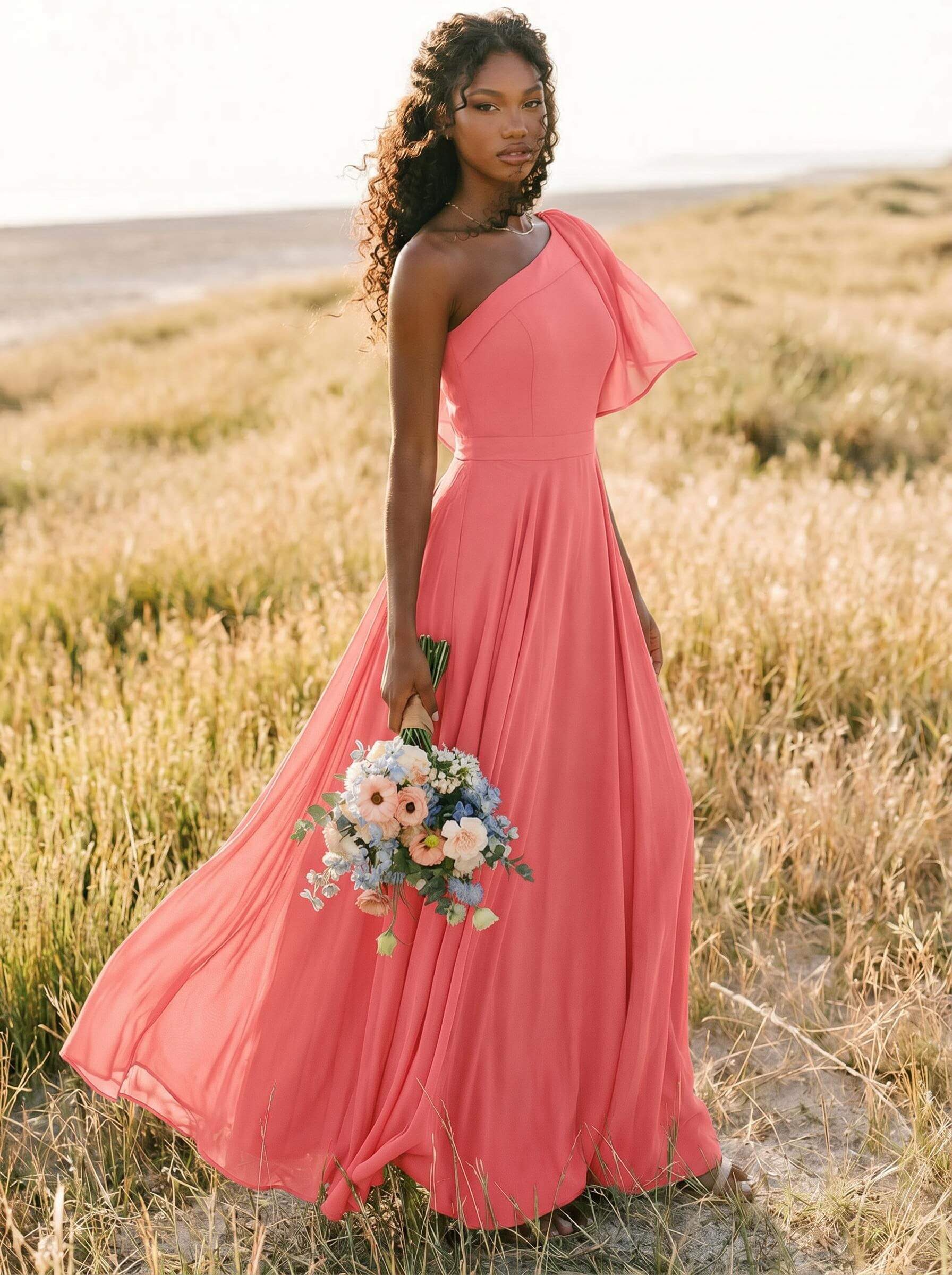 A-Line One-Shoulder Sleeveless Floor-Length Chiffon Bridesmaid Dresses With Bow(s)/Pockets, product image 176