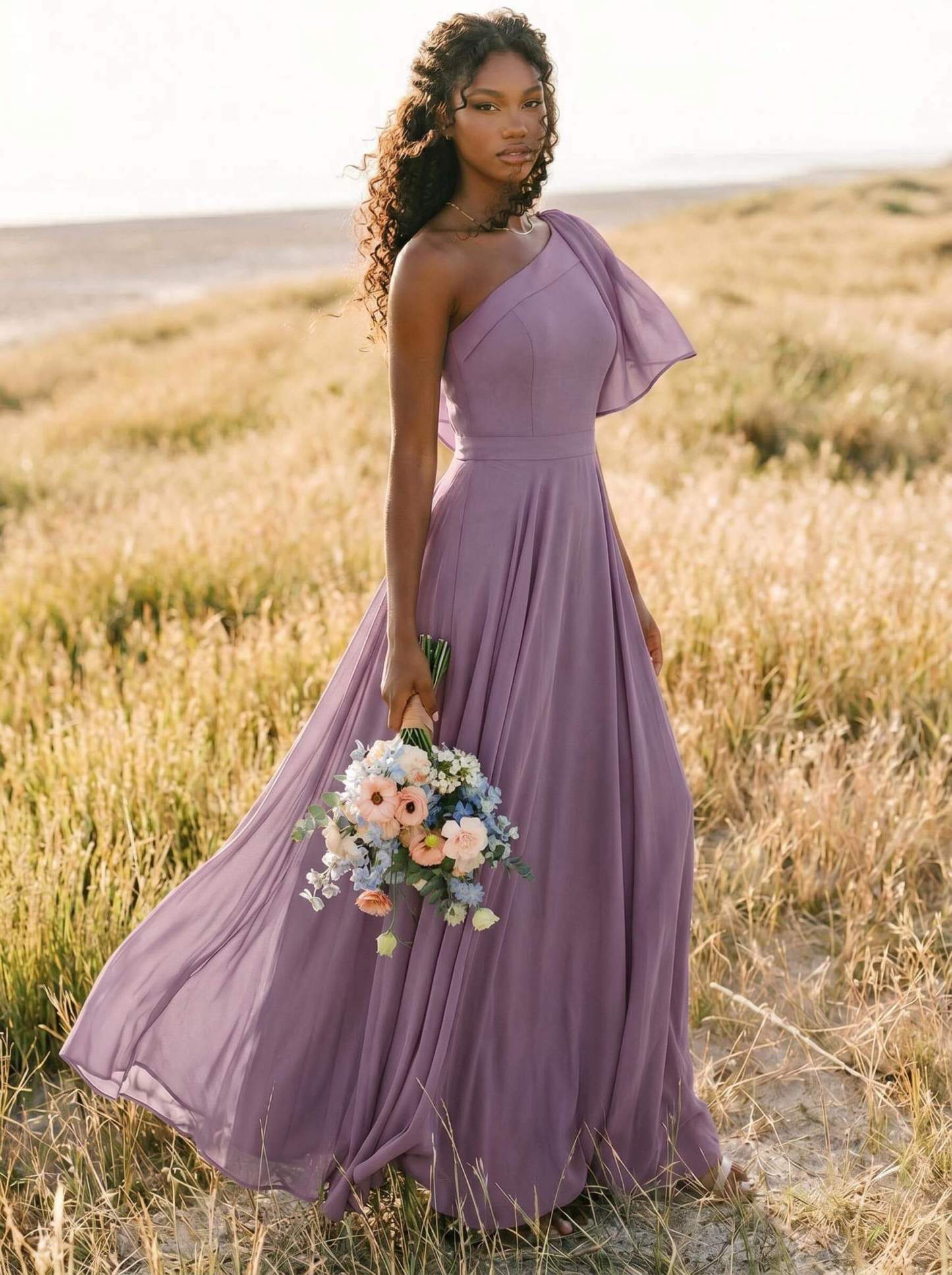 A-Line One-Shoulder Sleeveless Floor-Length Chiffon Bridesmaid Dresses With Bow(s)/Pockets, product image 194