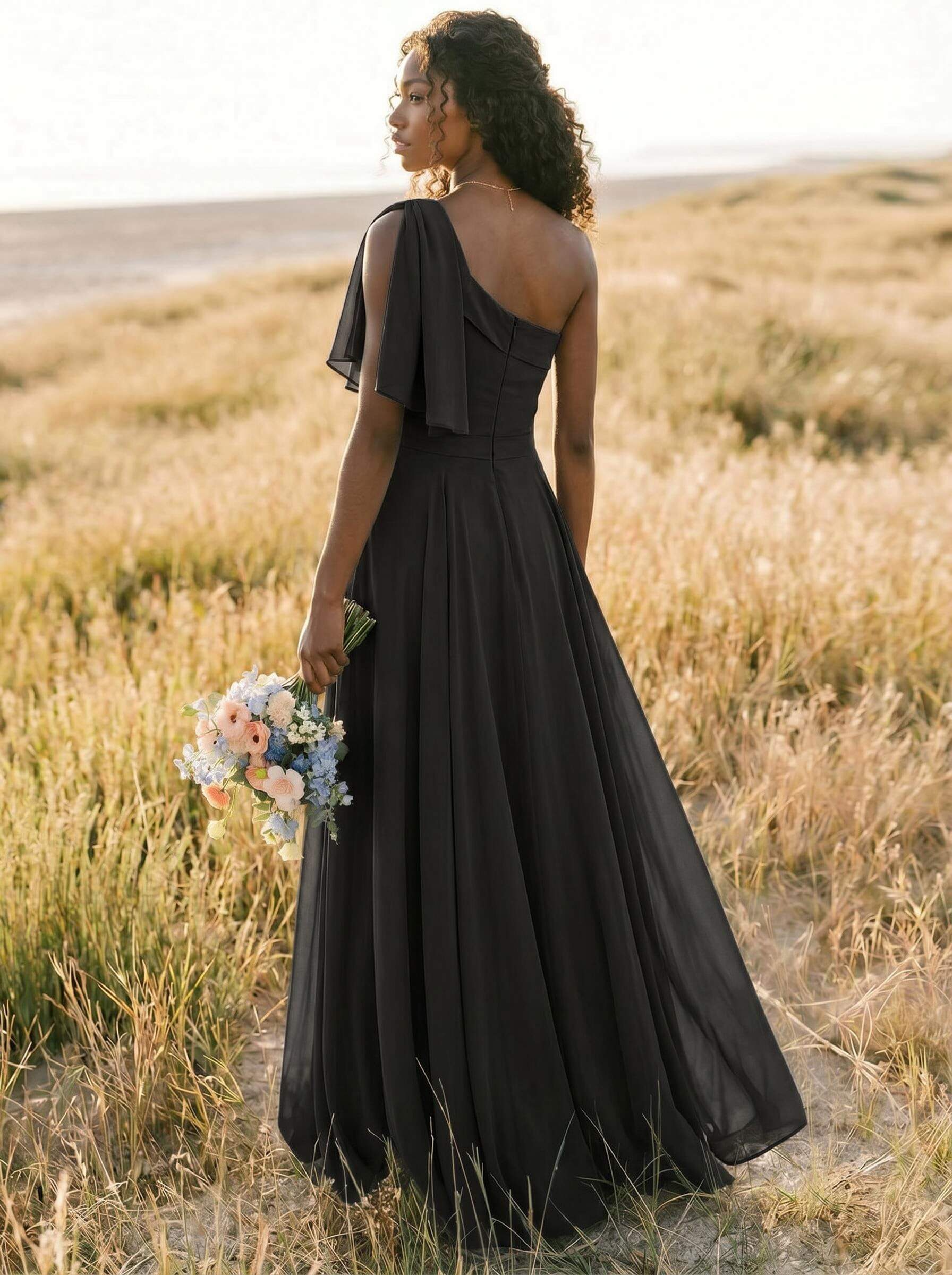 A-Line One-Shoulder Sleeveless Floor-Length Chiffon Bridesmaid Dresses With Bow(s)/Pockets, product image 257