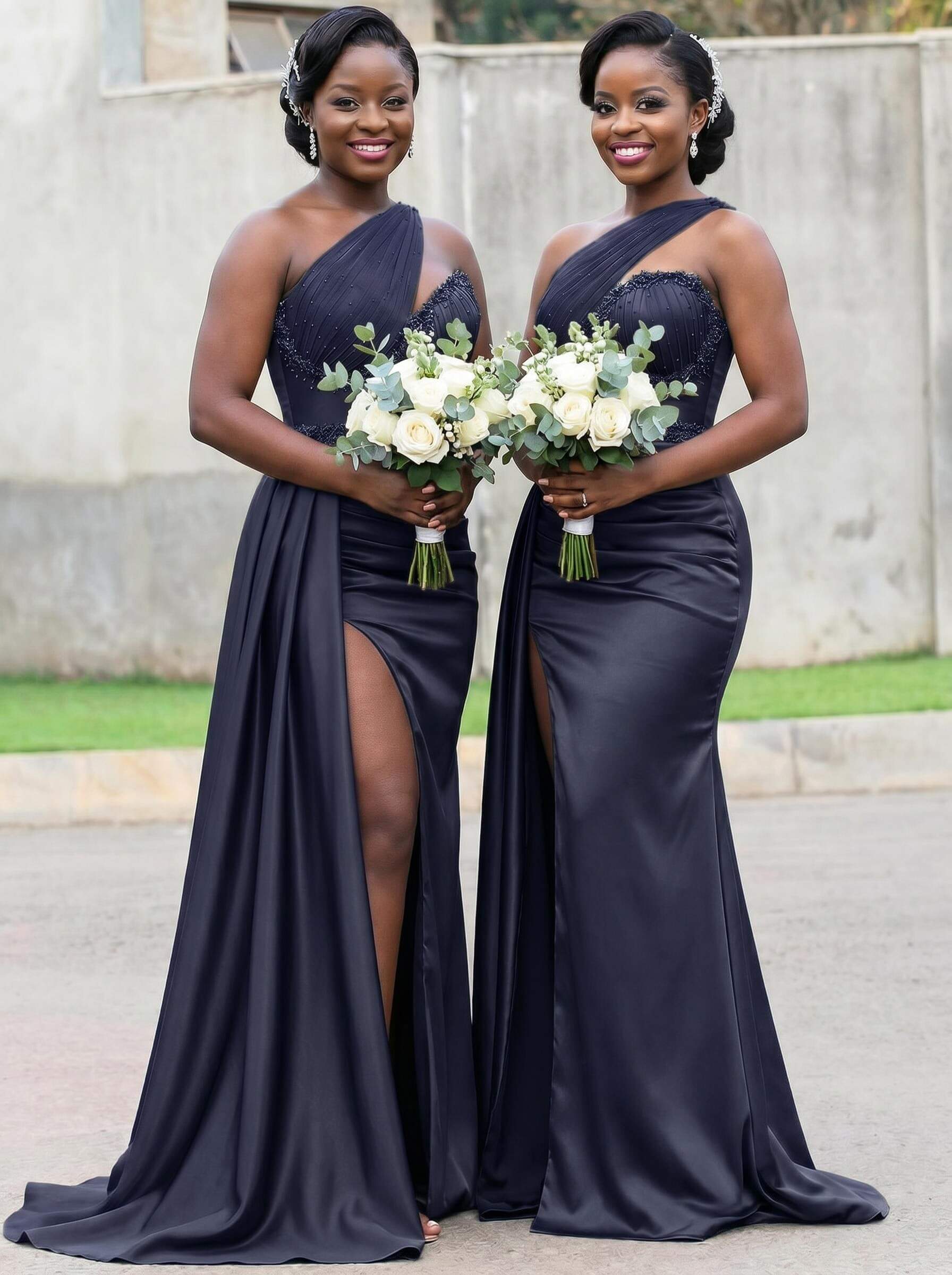 Trumpet/Mermaid Asymmetrical Sweep Train Charmeuse Bridesmaid Dresses With Rhinestone/High Split