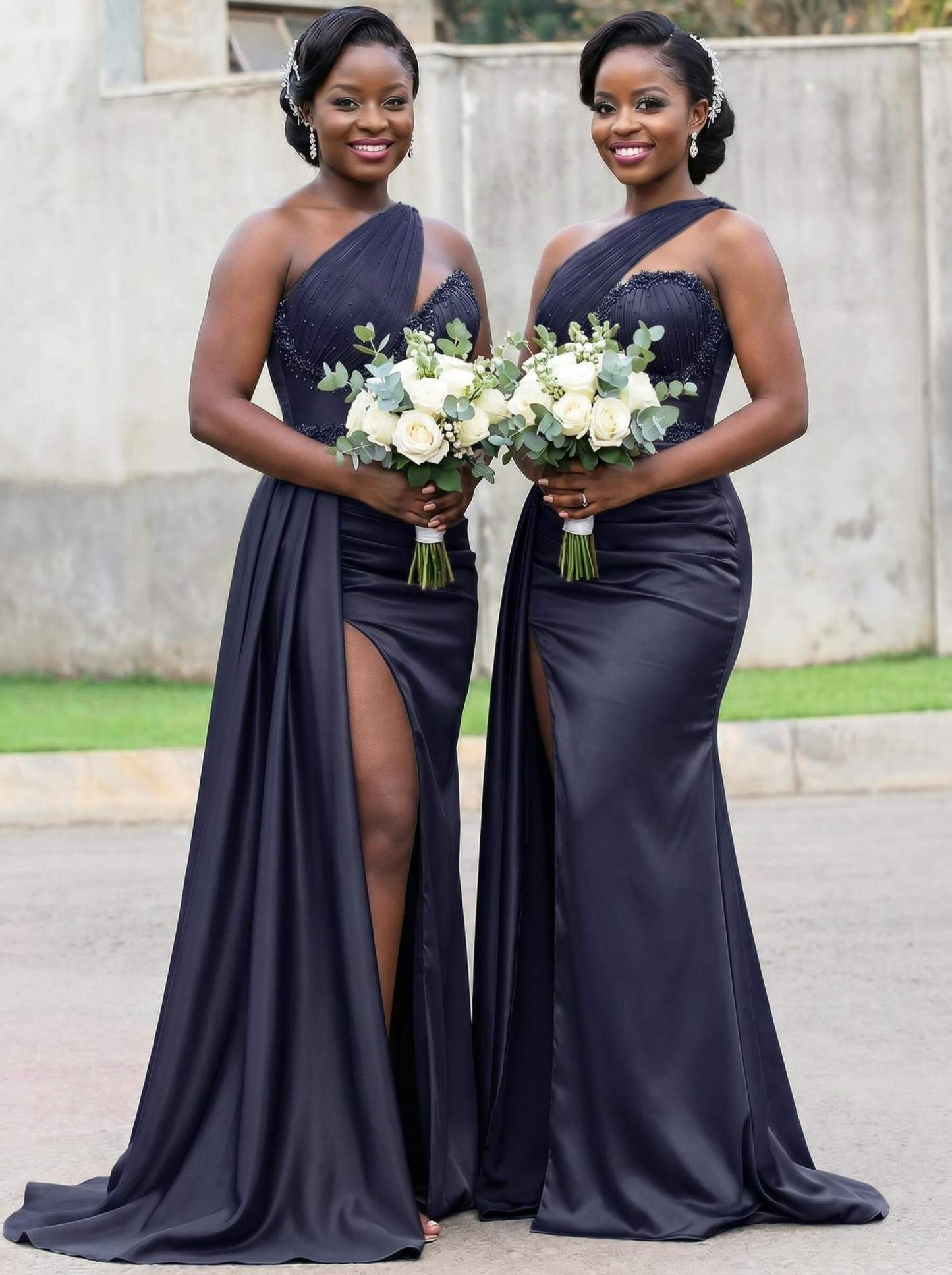 Trumpet/Mermaid Asymmetrical Sweep Train Charmeuse Bridesmaid Dresses With Rhinestone/High Split
