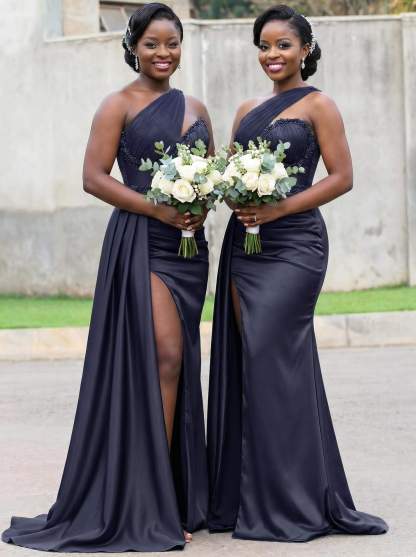 Trumpet/Mermaid Asymmetrical Sweep Train Charmeuse Bridesmaid Dresses With Rhinestone/High Split