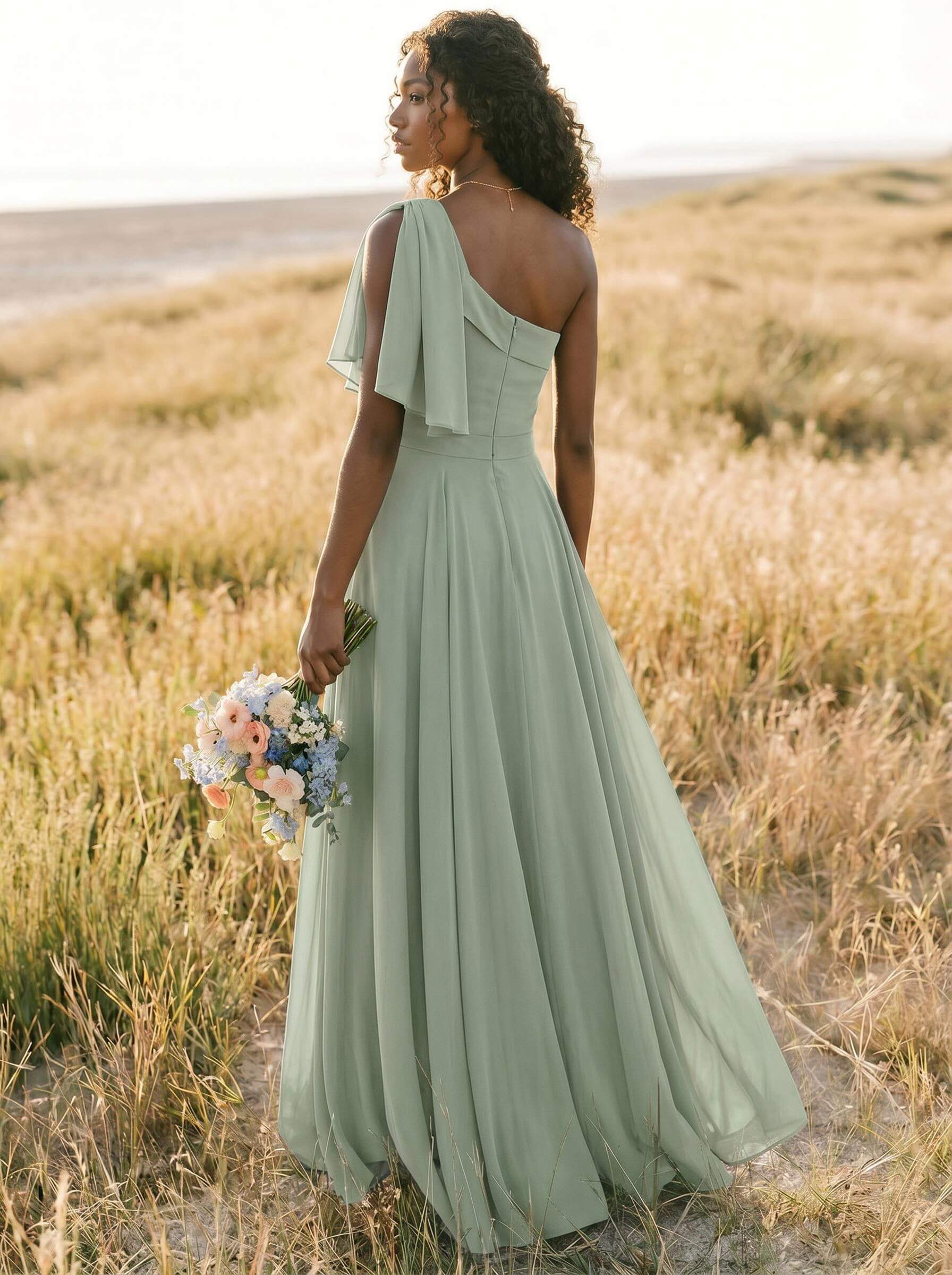 A-Line One-Shoulder Sleeveless Floor-Length Chiffon Bridesmaid Dresses With Bow(s)/Pockets, product image 227