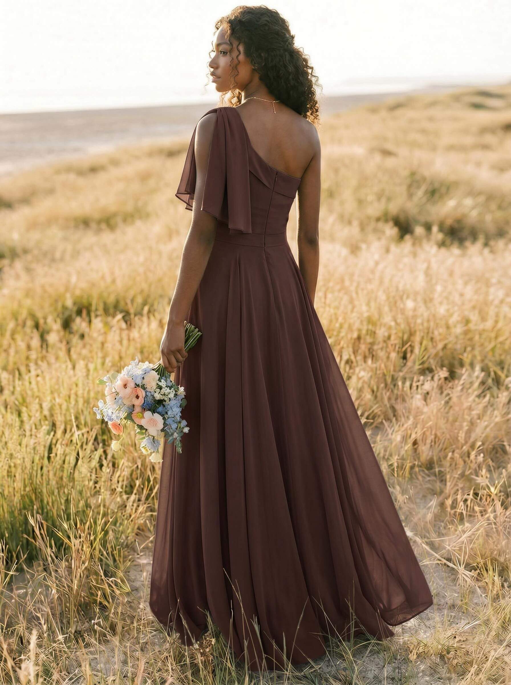 A-Line One-Shoulder Sleeveless Floor-Length Chiffon Bridesmaid Dresses With Bow(s)/Pockets, product image 247