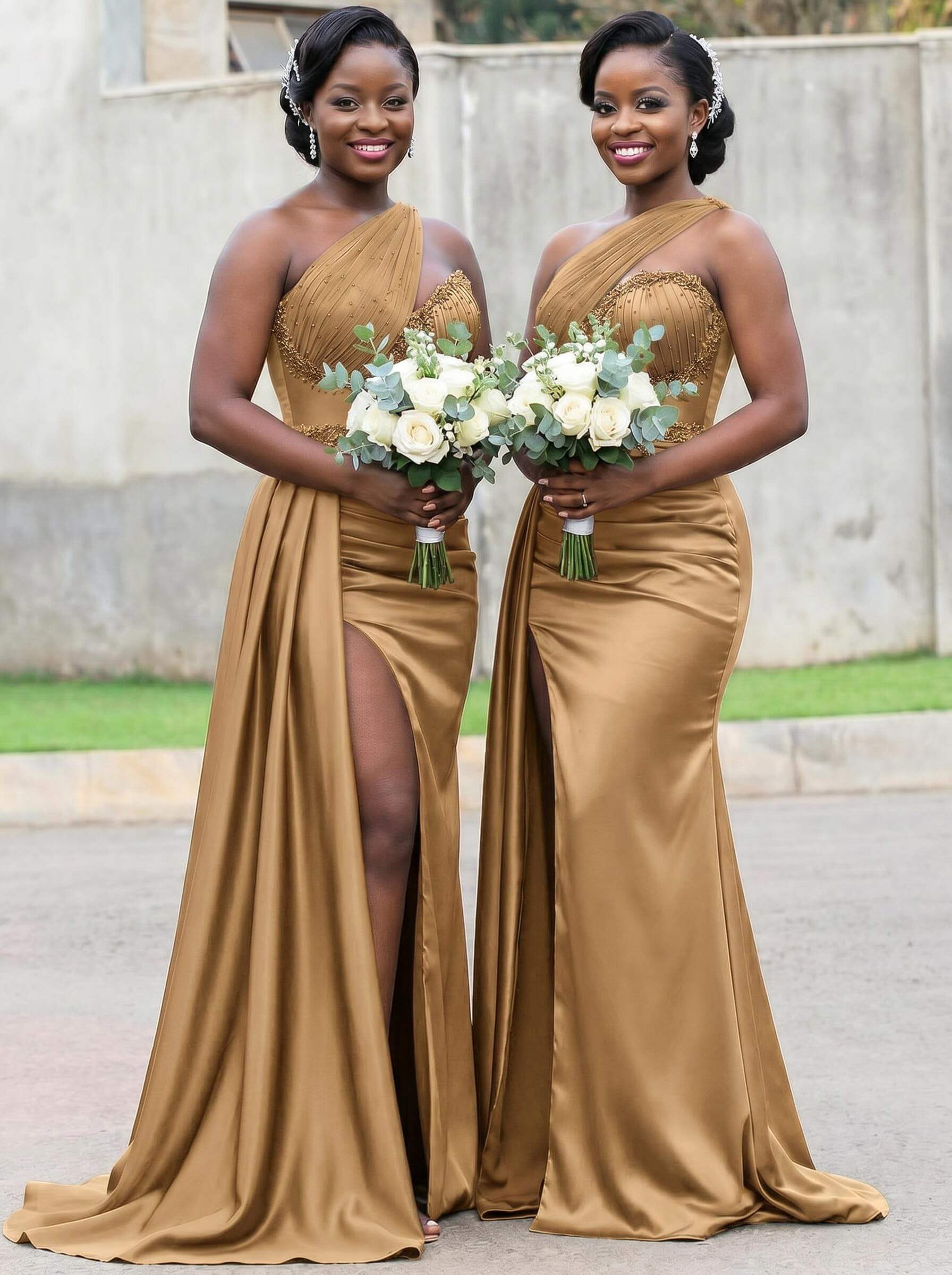Trumpet/Mermaid Asymmetrical Sweep Train Charmeuse Bridesmaid Dresses With Rhinestone/High Split