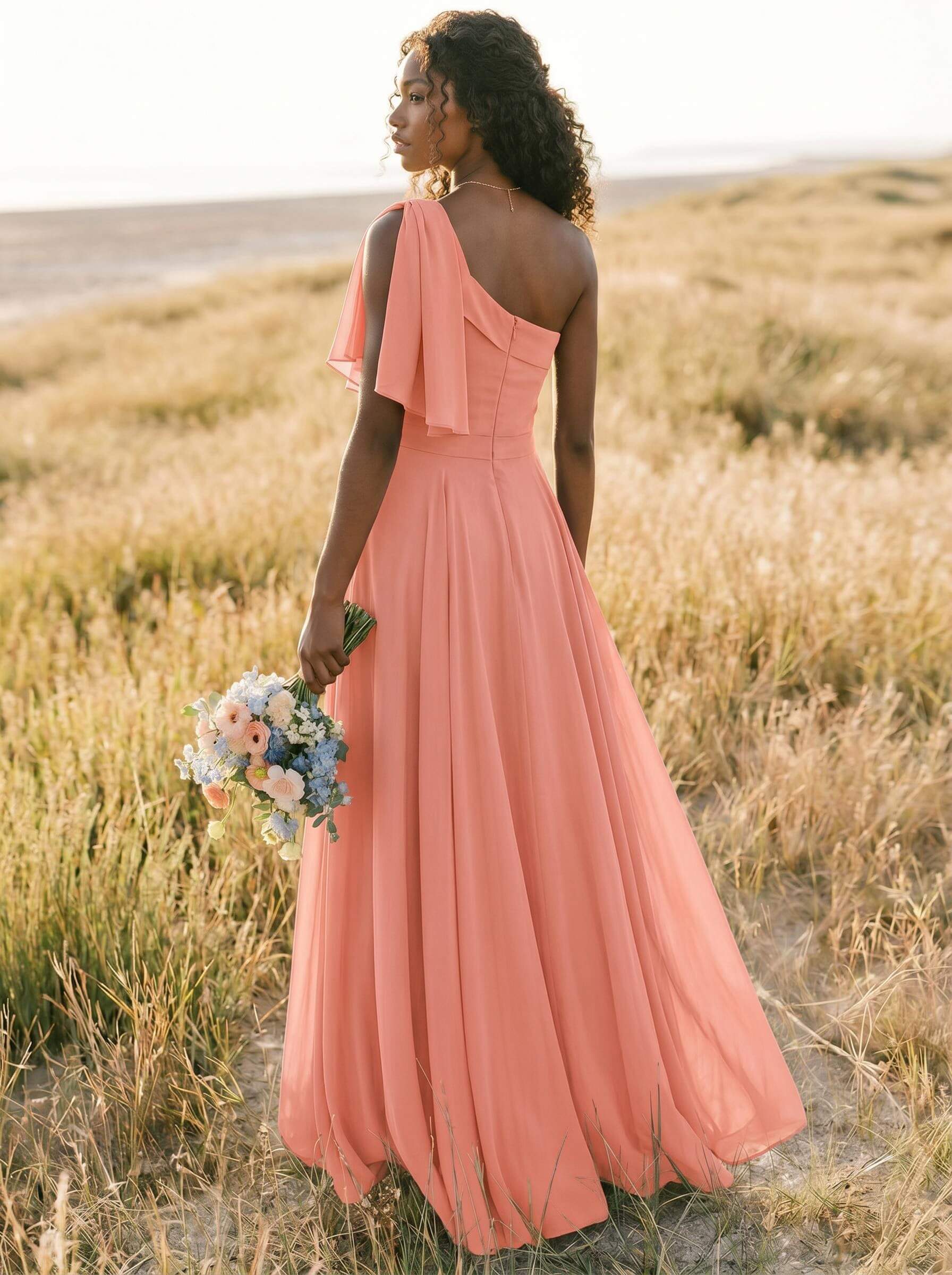 A-Line One-Shoulder Sleeveless Floor-Length Chiffon Bridesmaid Dresses With Bow(s)/Pockets, product image 187