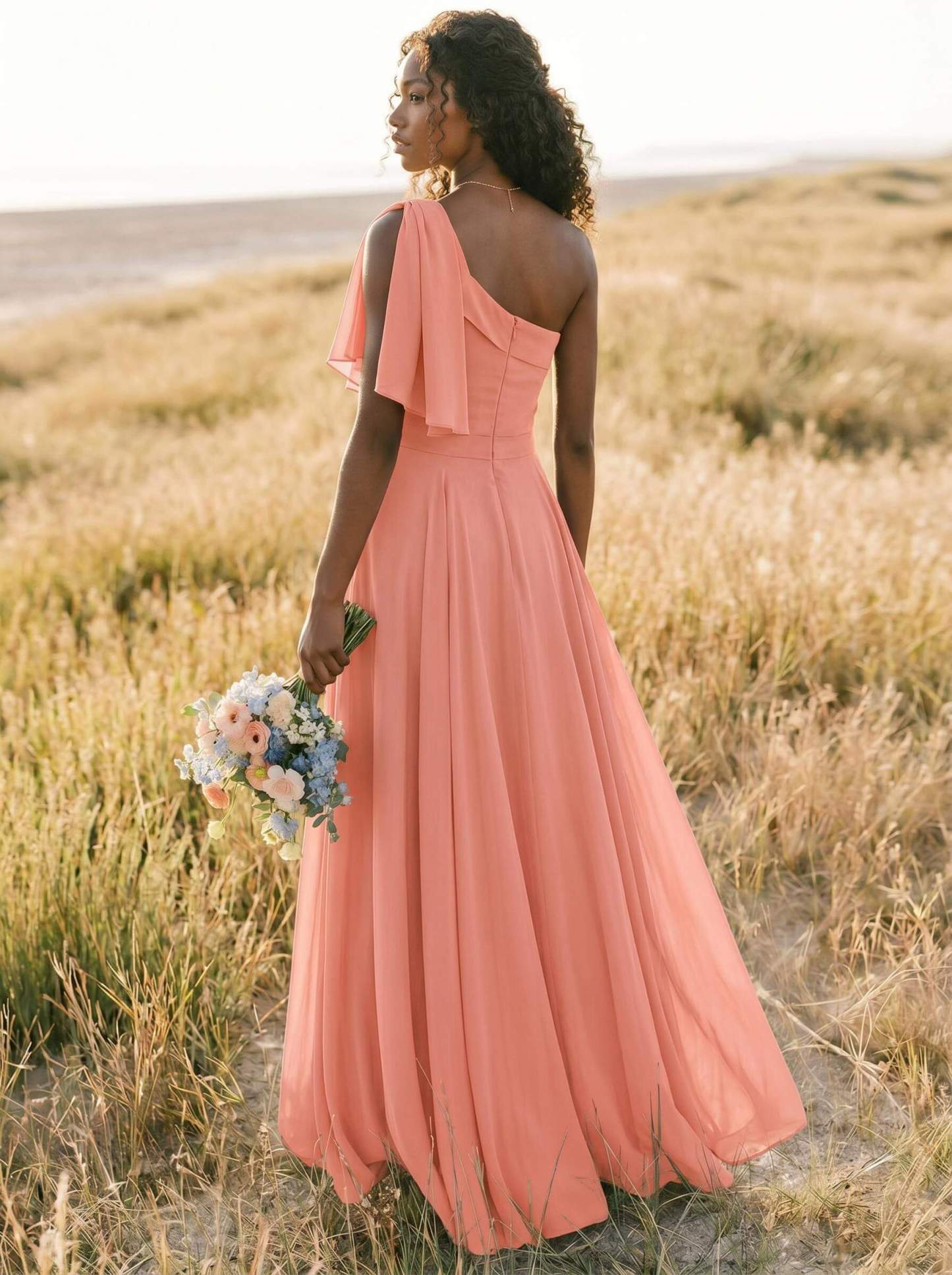 A-Line One-Shoulder Sleeveless Floor-Length Chiffon Bridesmaid Dresses With Bow(s)/Pockets, product image 187