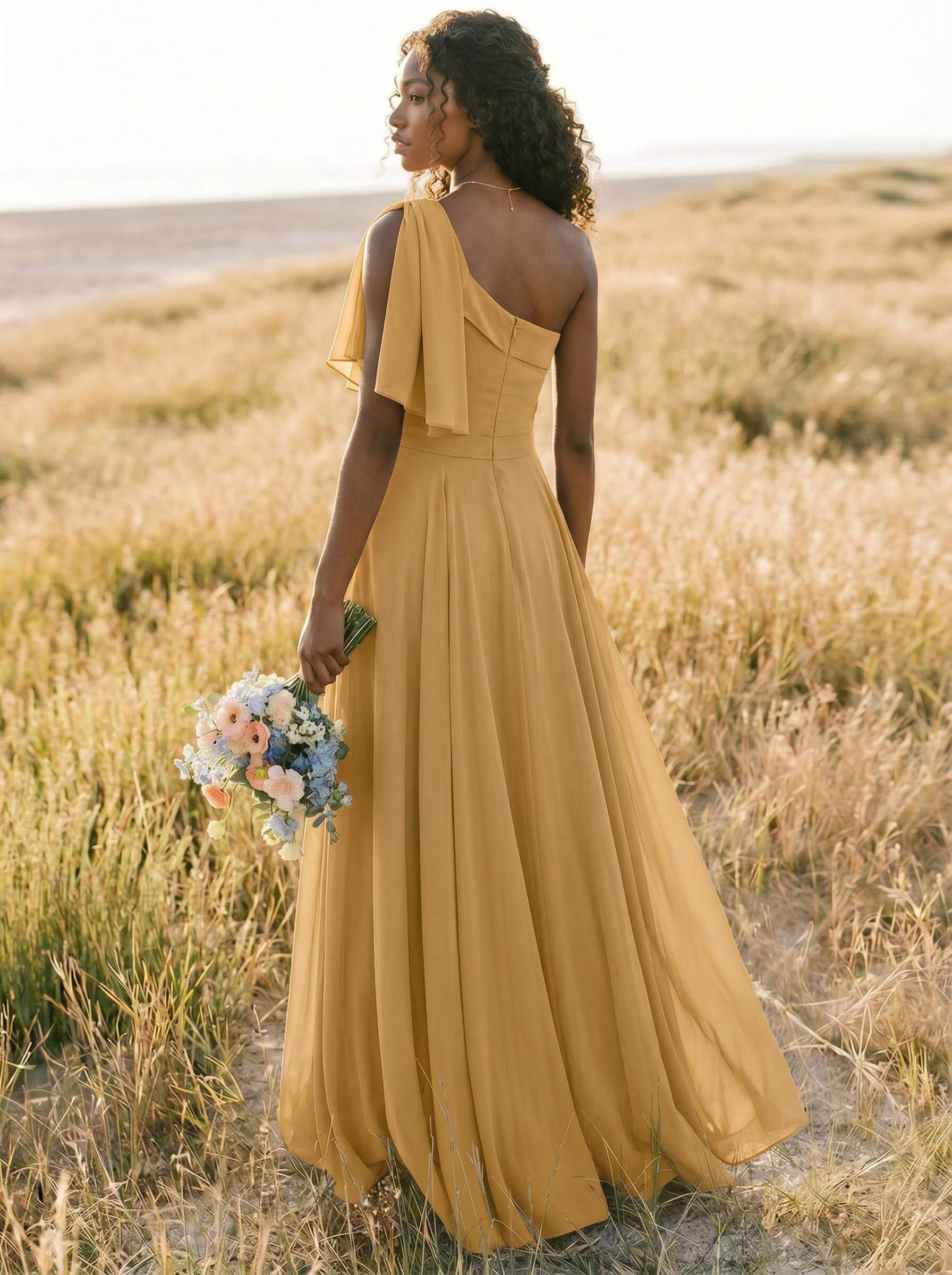A-Line One-Shoulder Sleeveless Floor-Length Chiffon Bridesmaid Dresses With Bow(s)/Pockets, product image 241