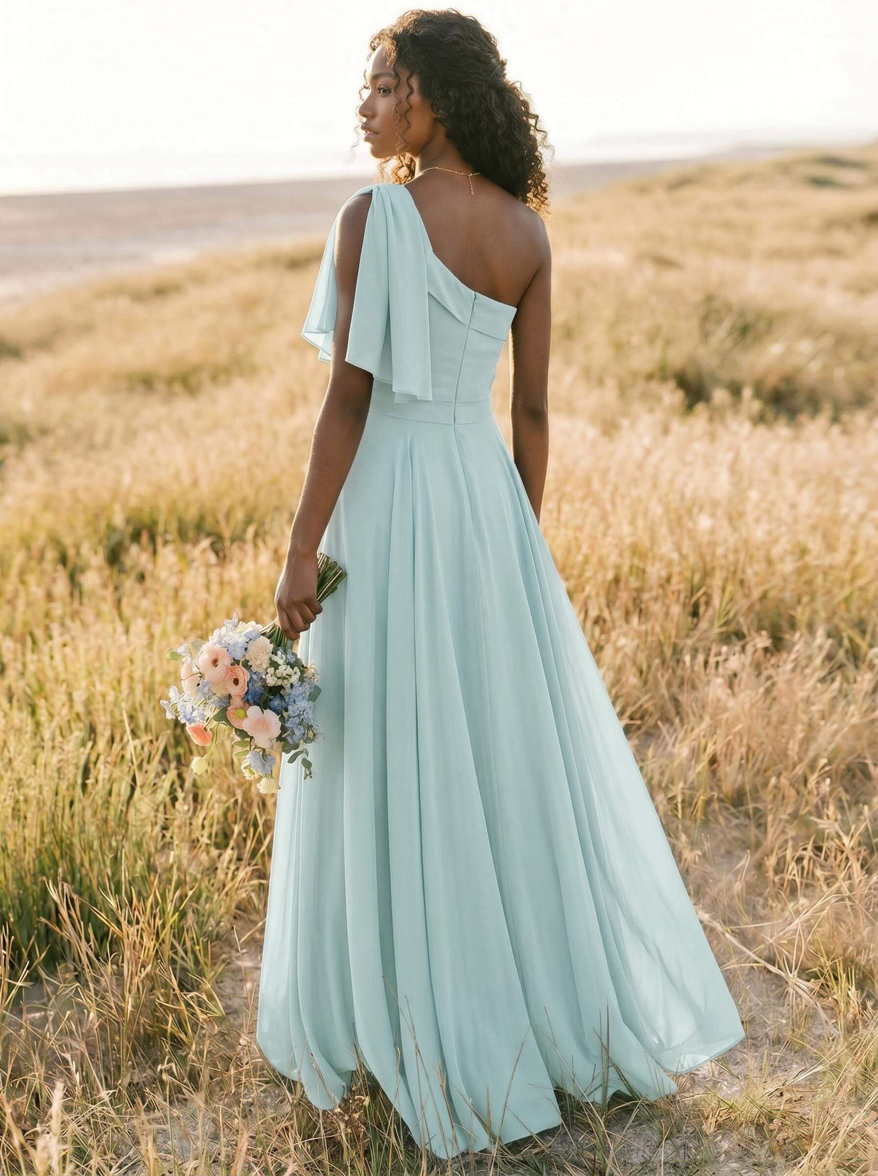 A-Line One-Shoulder Sleeveless Floor-Length Chiffon Bridesmaid Dresses With Bow(s)/Pockets, product image 163