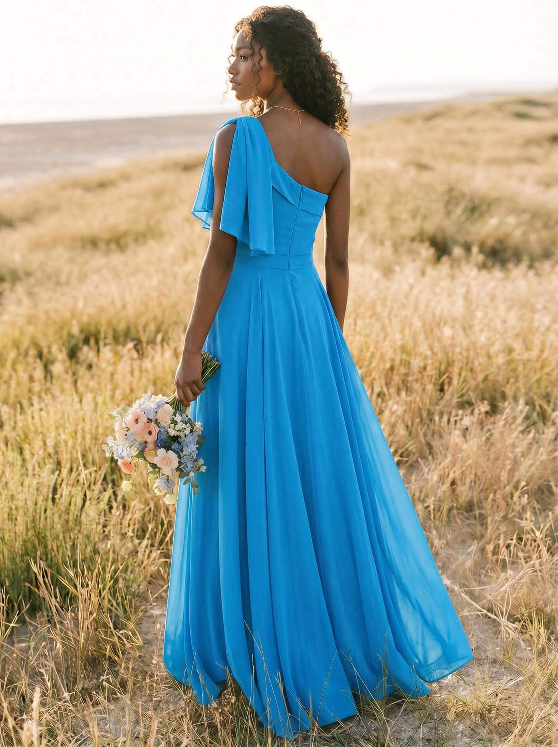 A-Line One-Shoulder Sleeveless Floor-Length Chiffon Bridesmaid Dresses With Bow(s)/Pockets, product image 155