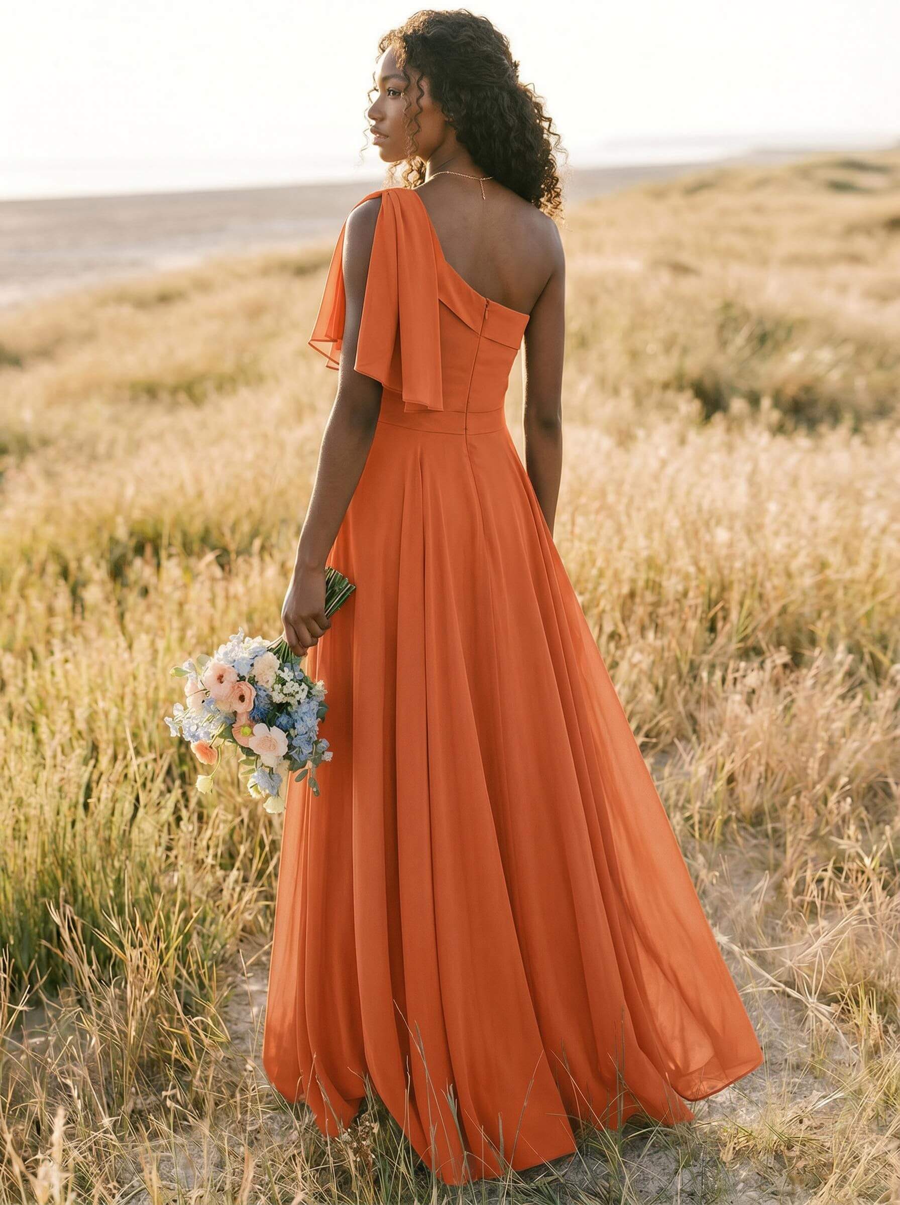 A-Line One-Shoulder Sleeveless Floor-Length Chiffon Bridesmaid Dresses With Bow(s)/Pockets, product image 243