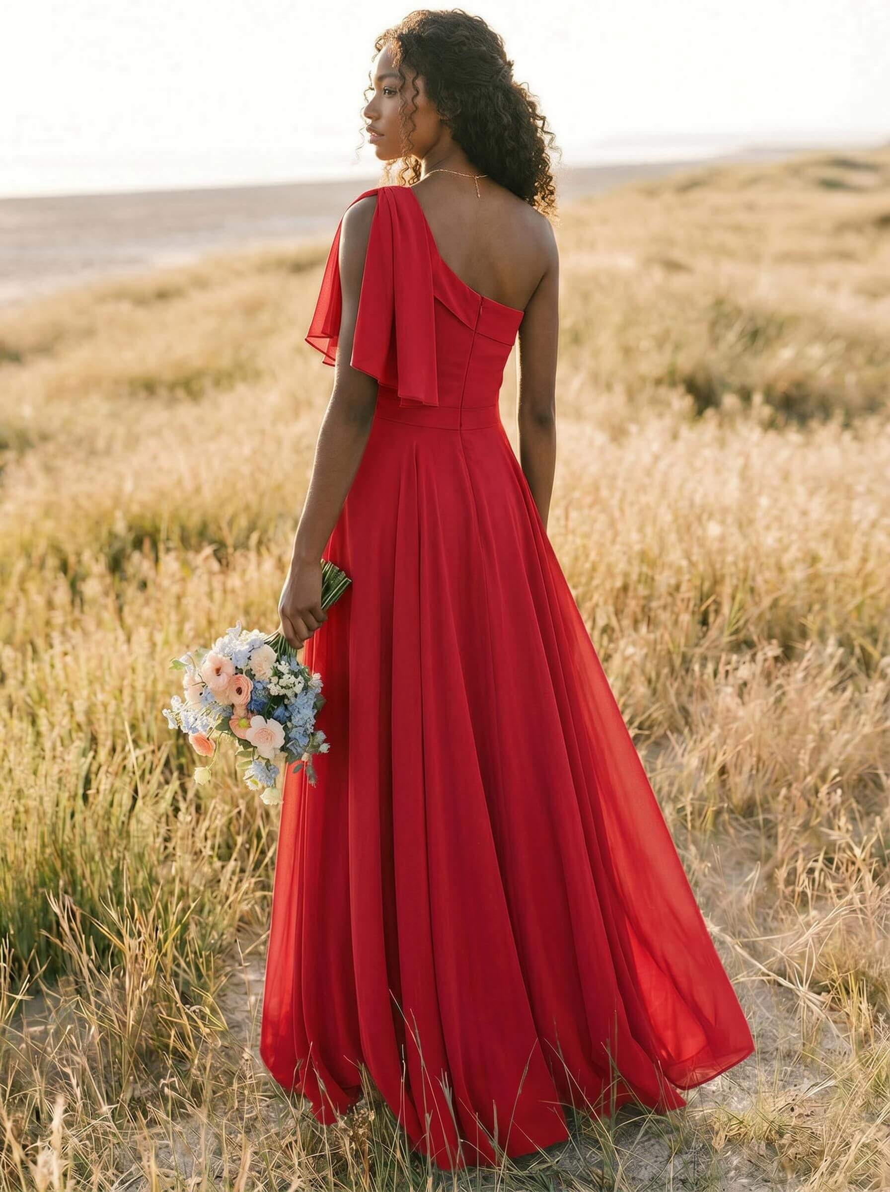 A-Line One-Shoulder Sleeveless Floor-Length Chiffon Bridesmaid Dresses With Bow(s)/Pockets, product image 173