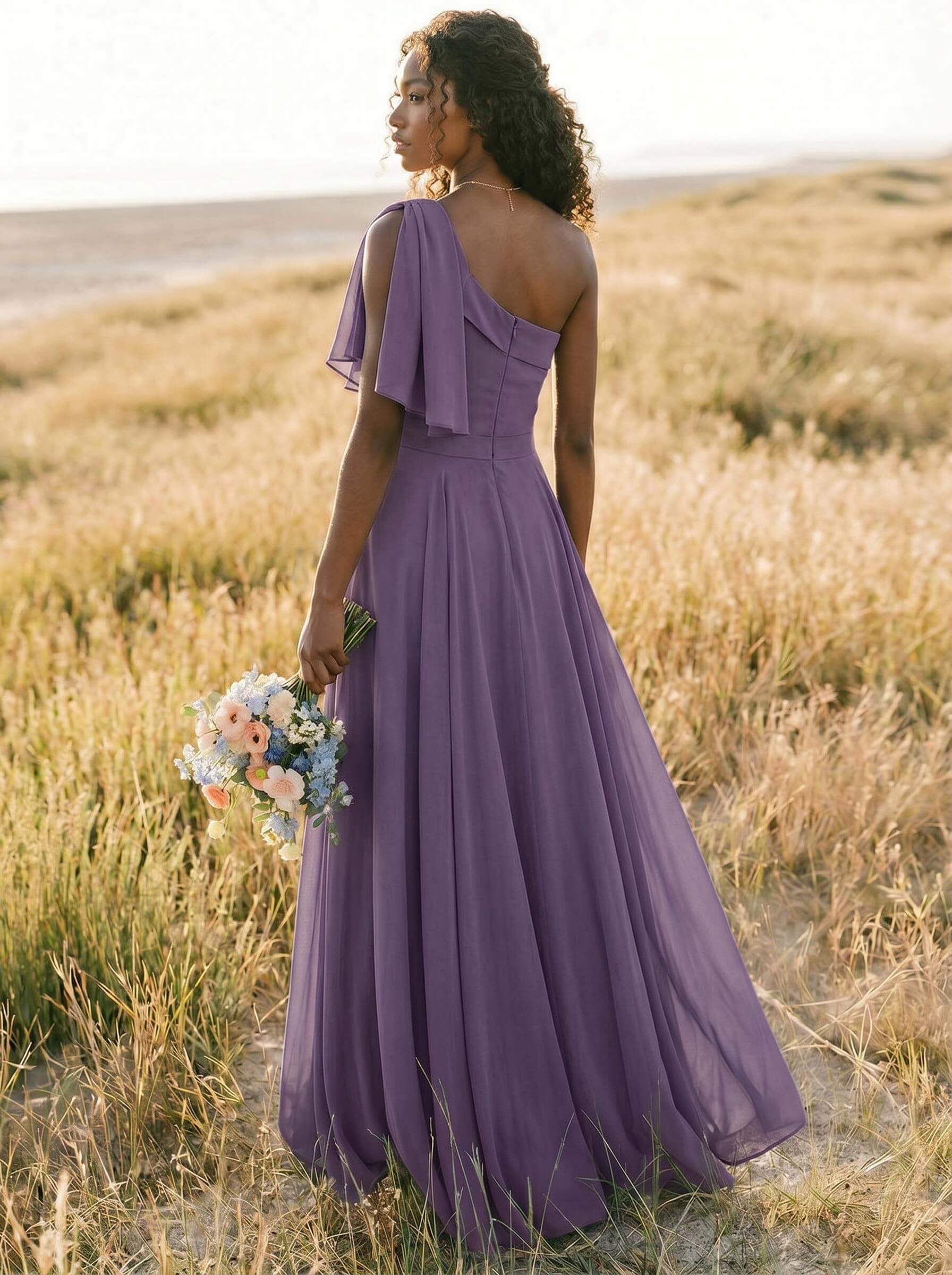 A-Line One-Shoulder Sleeveless Floor-Length Chiffon Bridesmaid Dresses With Bow(s)/Pockets, product image 205