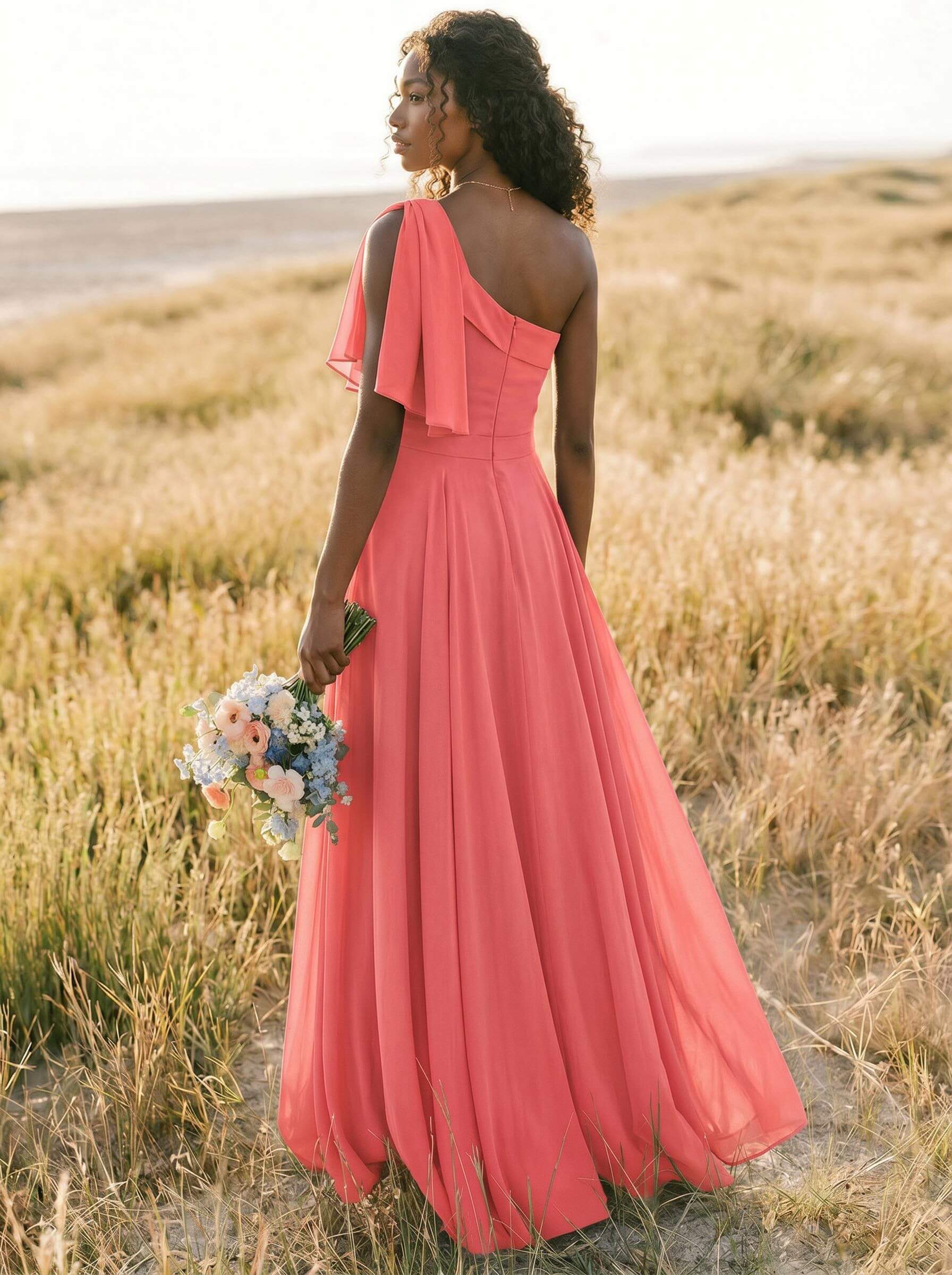 A-Line One-Shoulder Sleeveless Floor-Length Chiffon Bridesmaid Dresses With Bow(s)/Pockets, product image 177