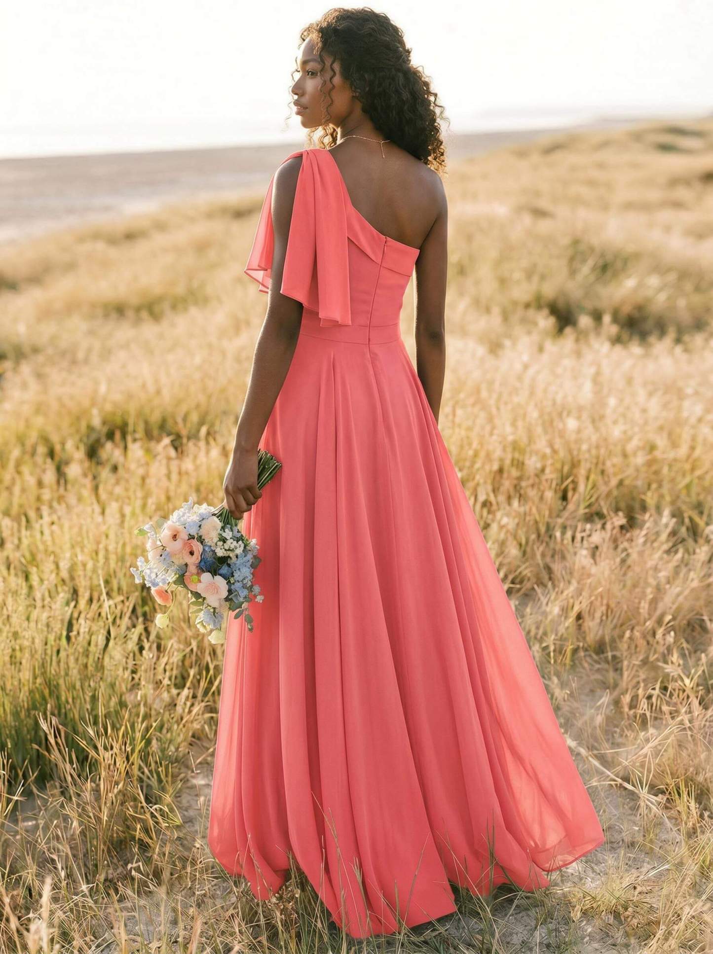 A-Line One-Shoulder Sleeveless Floor-Length Chiffon Bridesmaid Dresses With Bow(s)/Pockets, product image 177