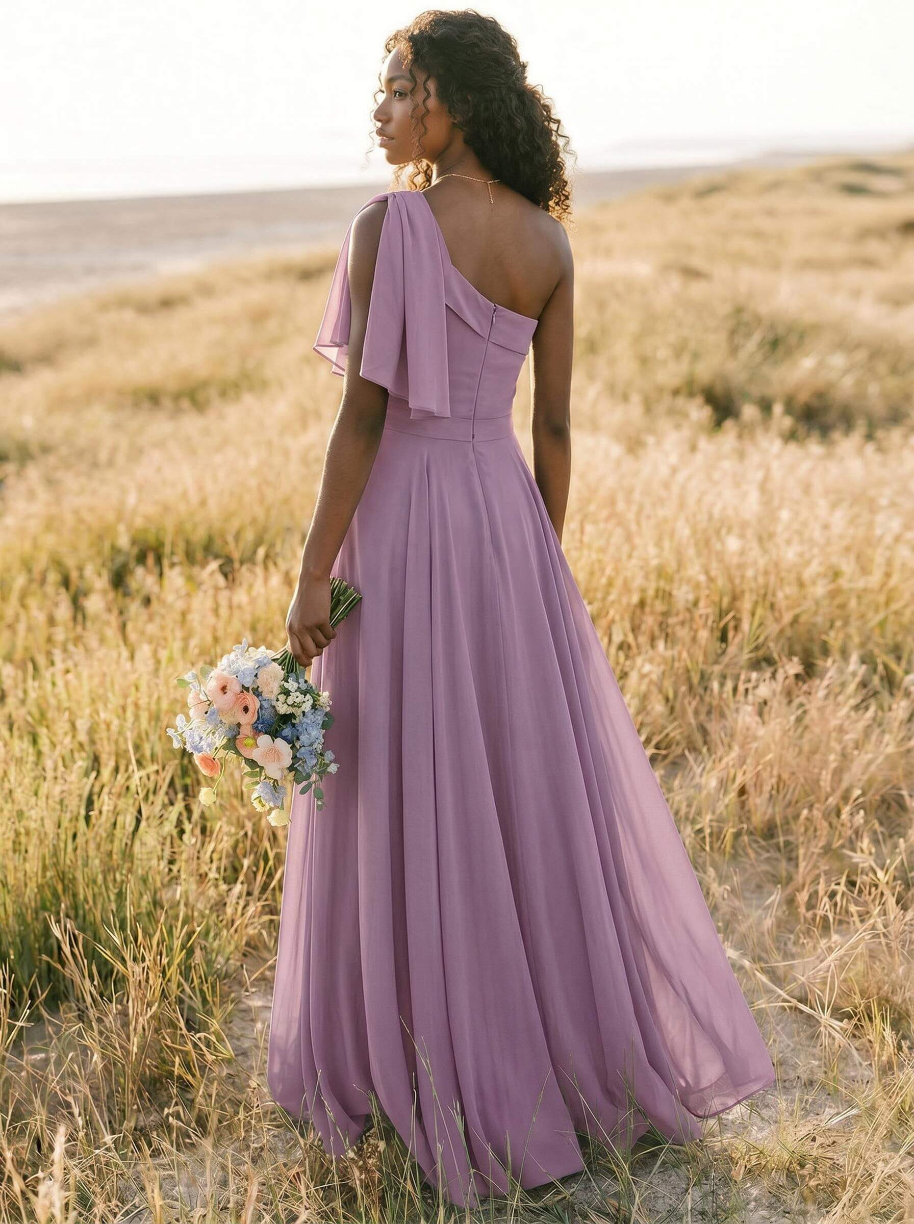 A-Line One-Shoulder Sleeveless Floor-Length Chiffon Bridesmaid Dresses With Bow(s)/Pockets, product image 195