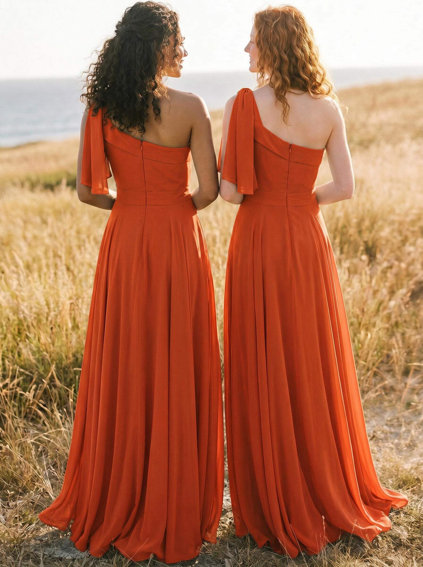 A-Line One-Shoulder Sleeveless Floor-Length Chiffon Bridesmaid Dresses With Bow(s)/Pockets, product image 127