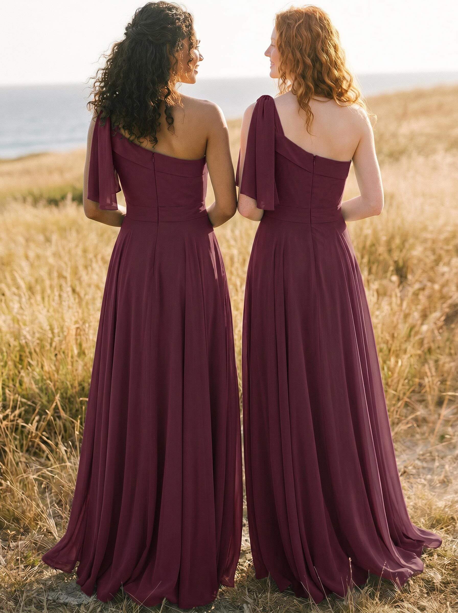 A-Line One-Shoulder Sleeveless Floor-Length Chiffon Bridesmaid Dresses With Bow(s)/Pockets, product image 29