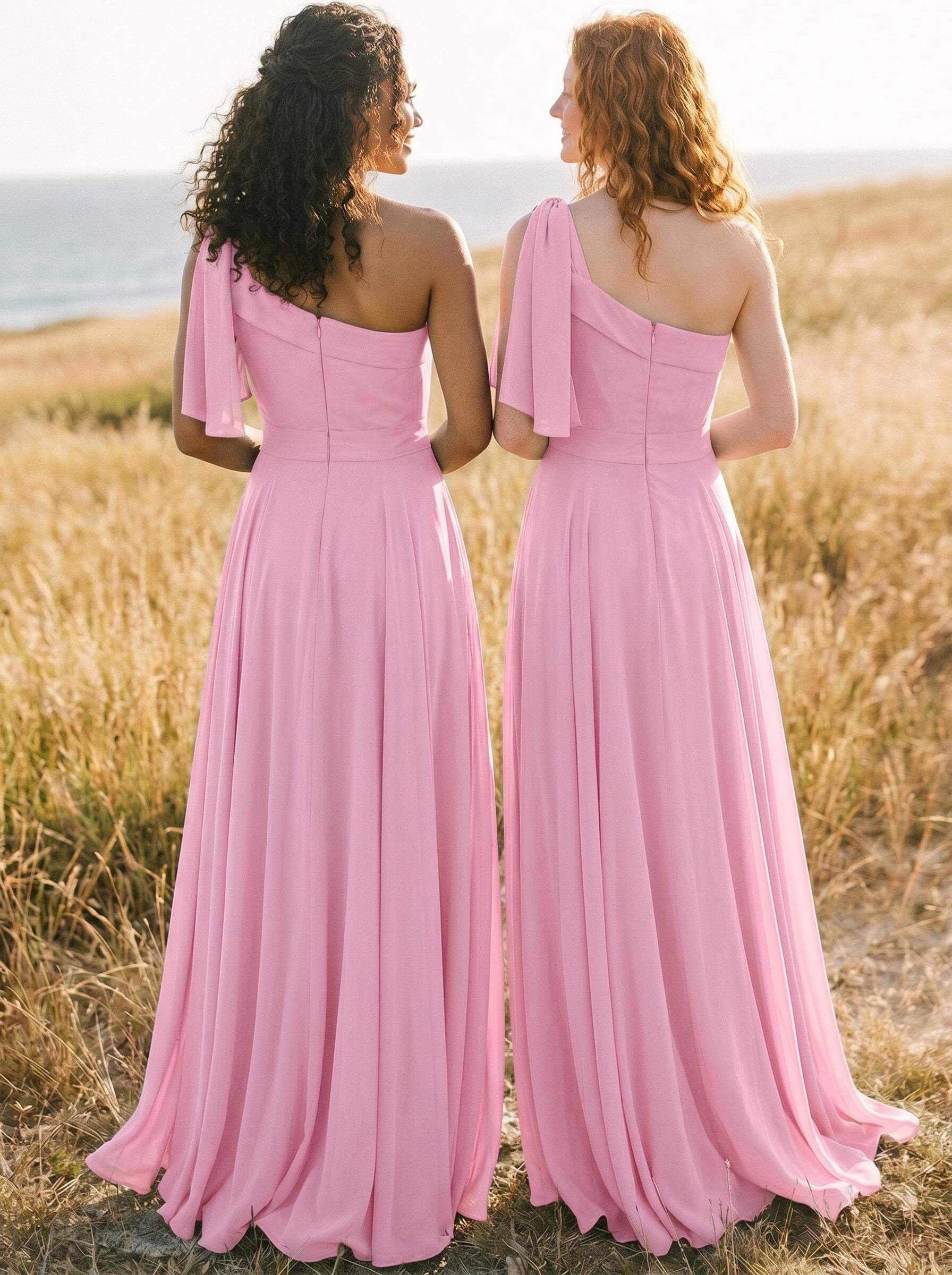 A-Line One-Shoulder Sleeveless Floor-Length Chiffon Bridesmaid Dresses With Bow(s)/Pockets, product image 55