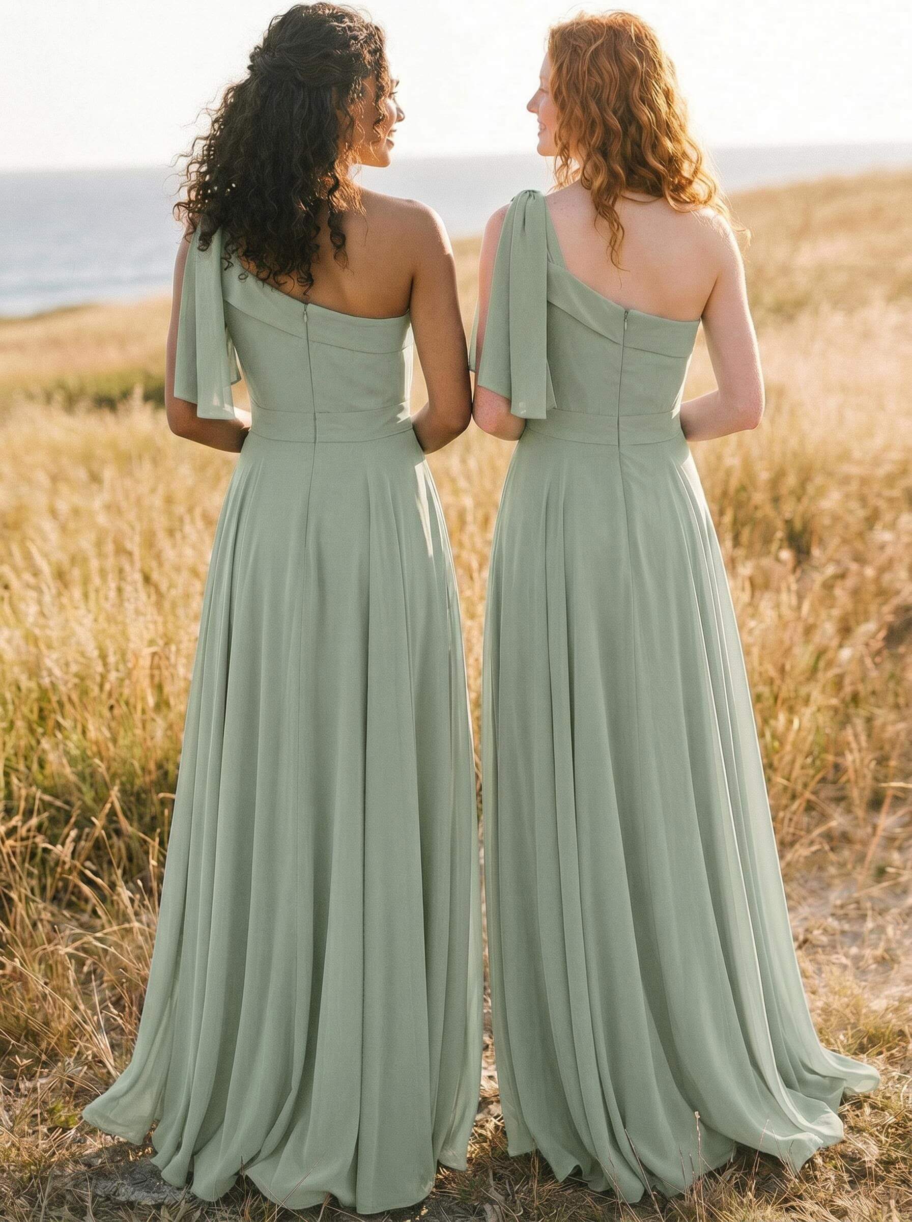 A-Line One-Shoulder Sleeveless Floor-Length Chiffon Bridesmaid Dresses With Bow(s)/Pockets, product image 91