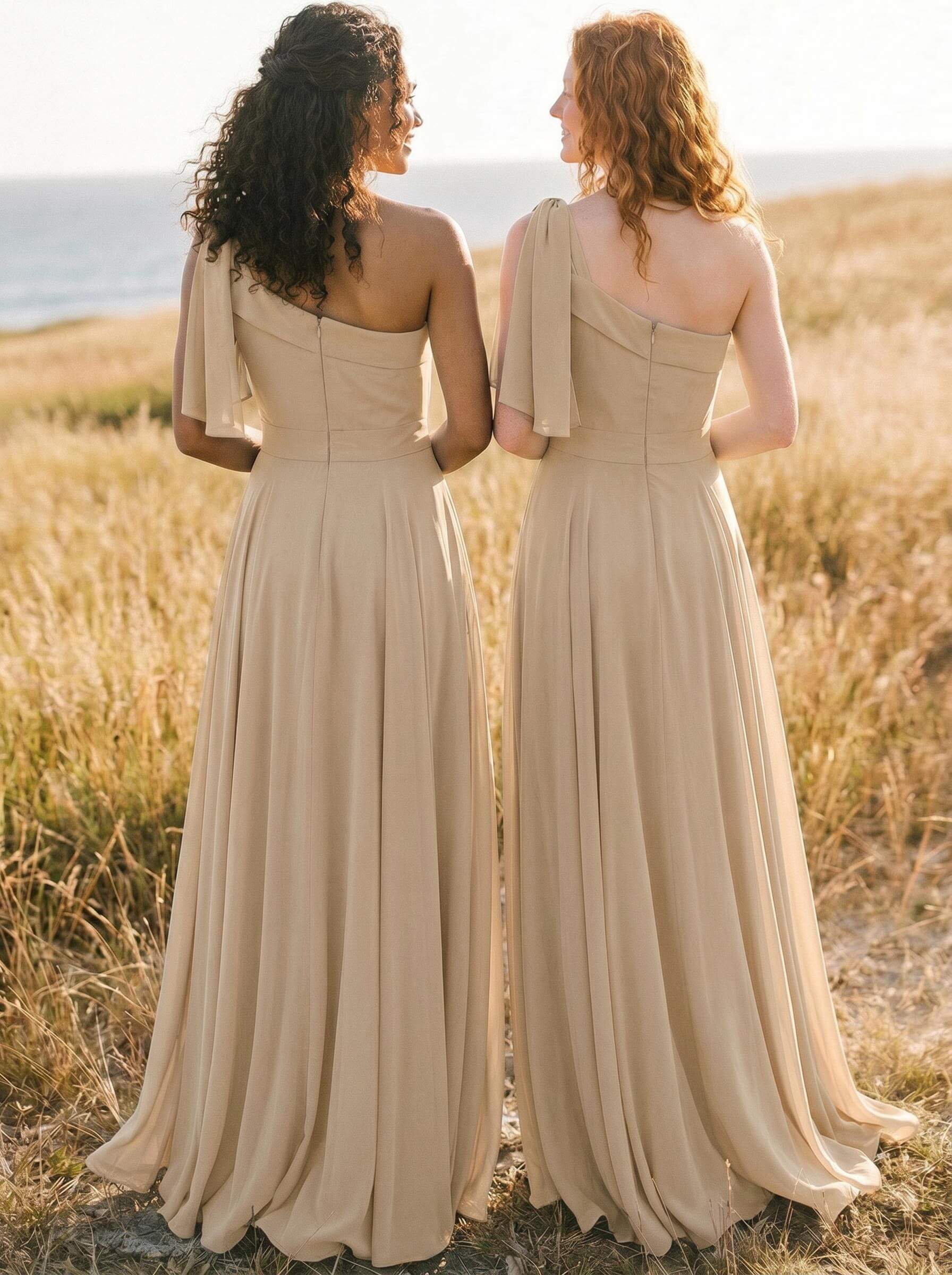 A-Line One-Shoulder Sleeveless Floor-Length Chiffon Bridesmaid Dresses With Bow(s)/Pockets, product image 99