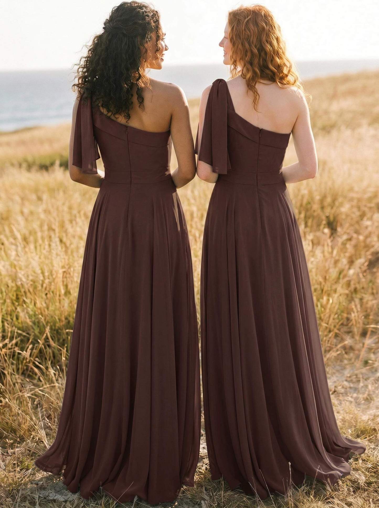 A-Line One-Shoulder Sleeveless Floor-Length Chiffon Bridesmaid Dresses With Bow(s)/Pockets, product image 111