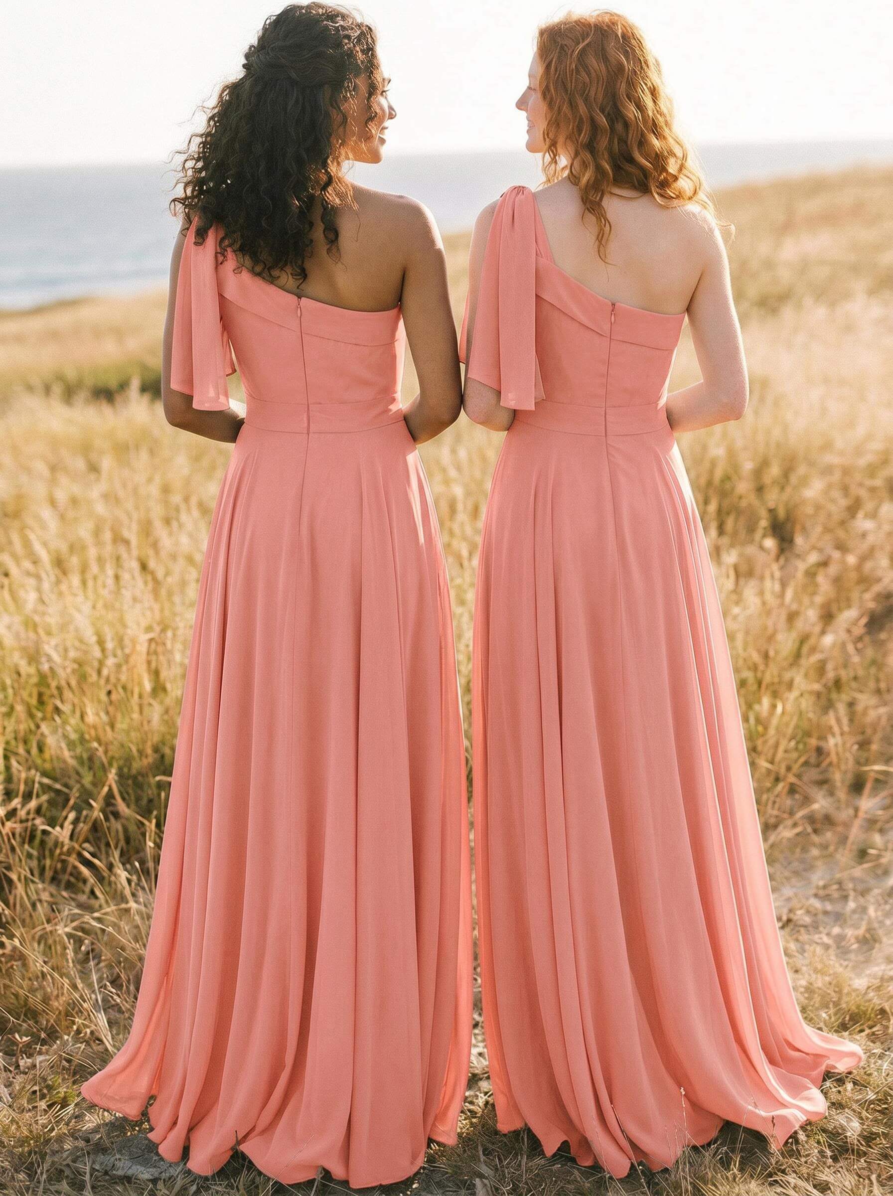 A-Line One-Shoulder Sleeveless Floor-Length Chiffon Bridesmaid Dresses With Bow(s)/Pockets, product image 51