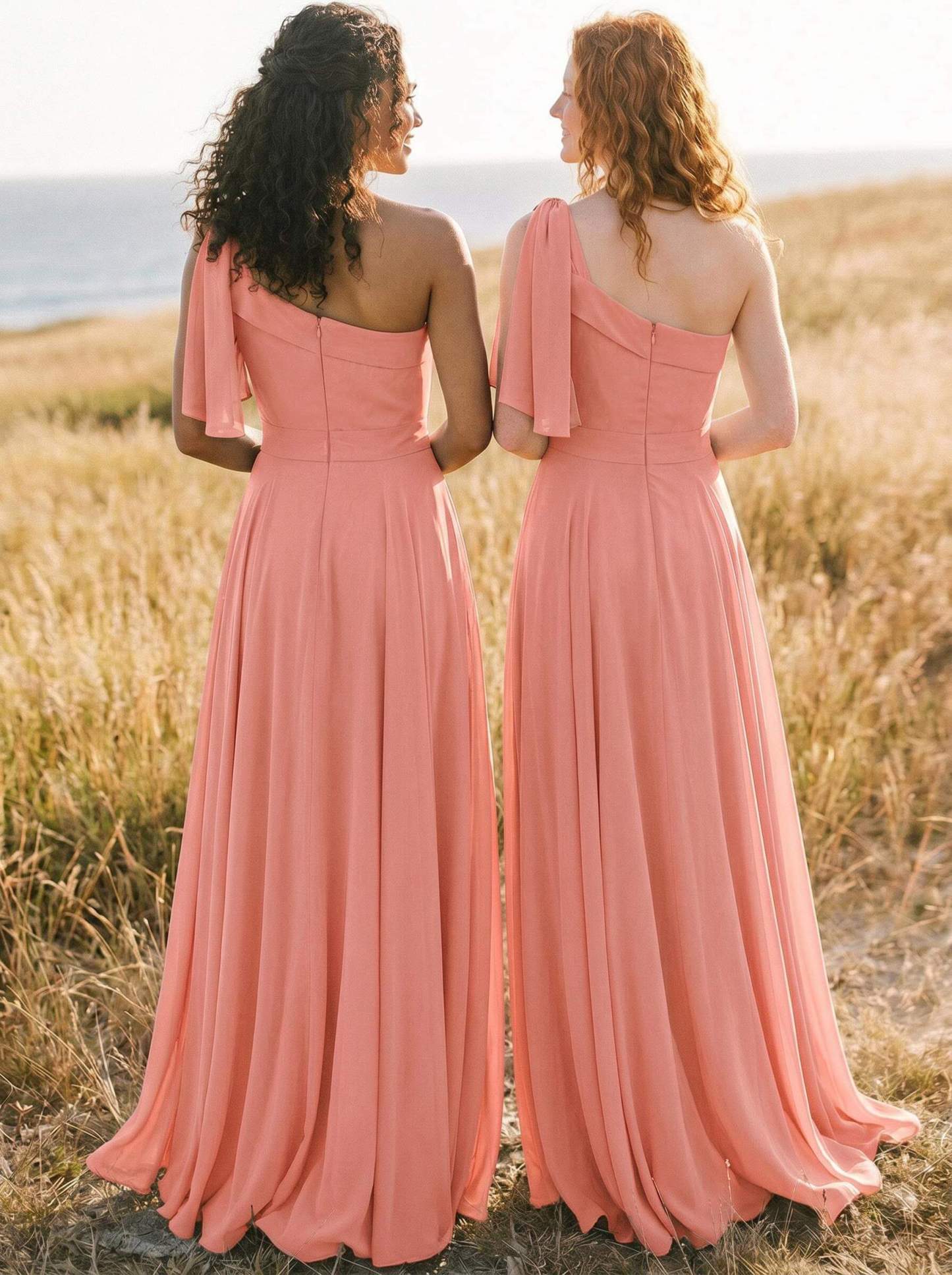 A-Line One-Shoulder Sleeveless Floor-Length Chiffon Bridesmaid Dresses With Bow(s)/Pockets, product image 51