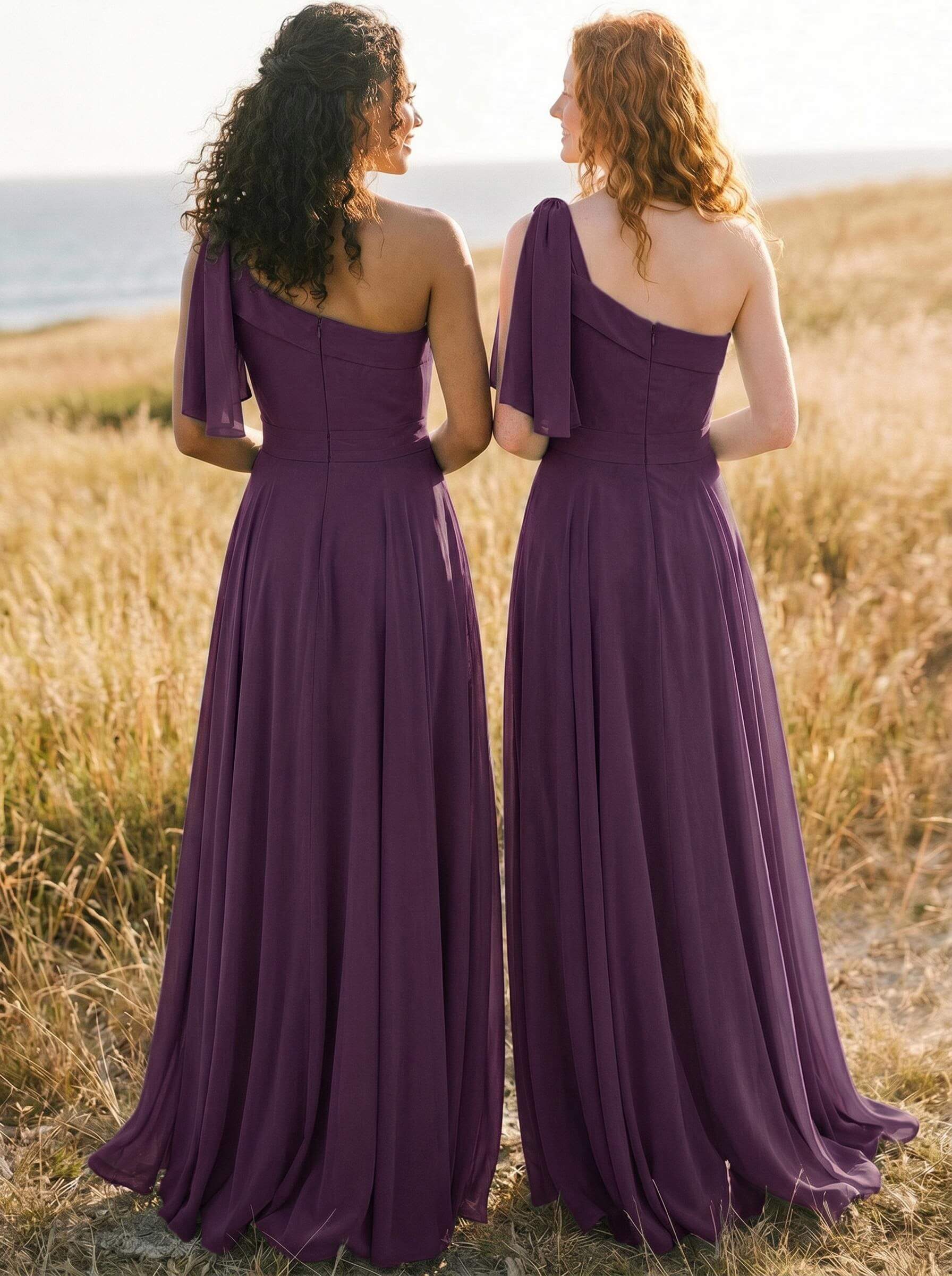 A-Line One-Shoulder Sleeveless Floor-Length Chiffon Bridesmaid Dresses With Bow(s)/Pockets, product image 73