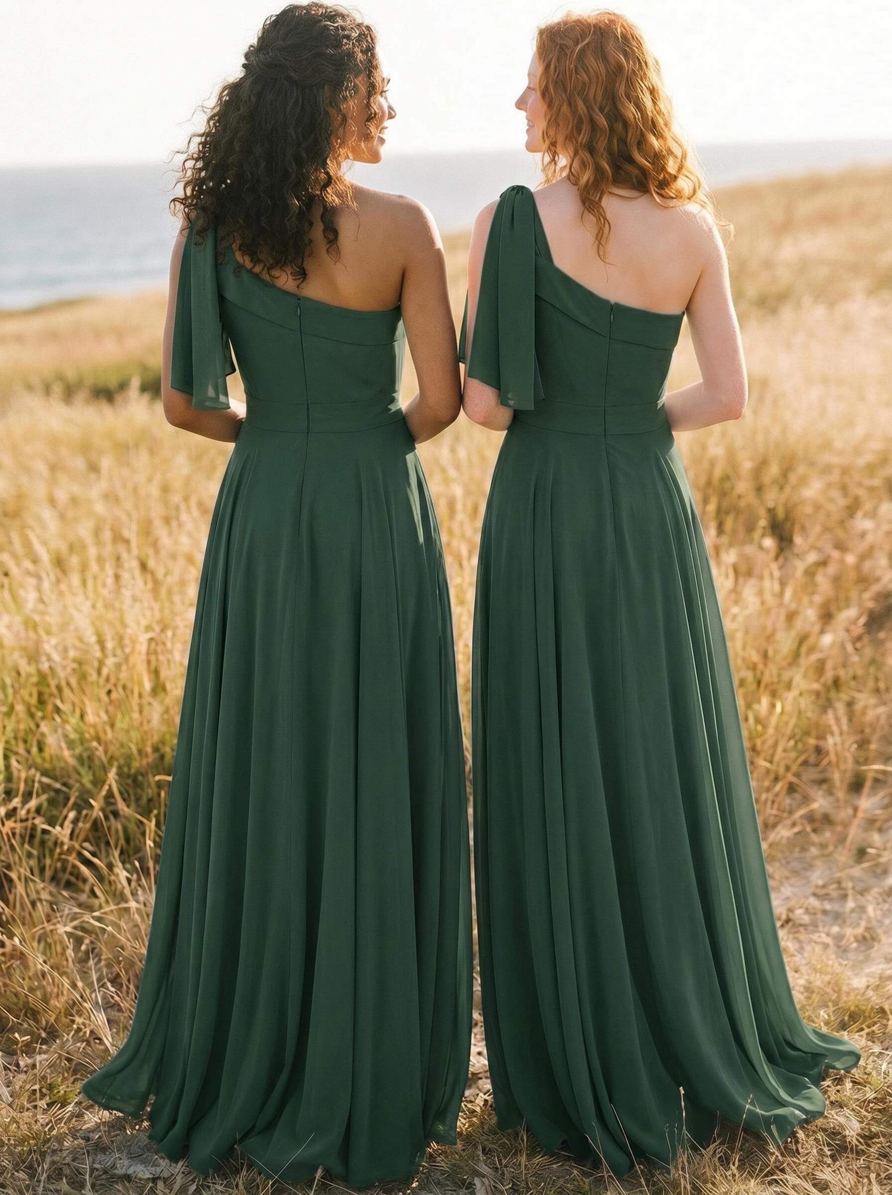 A-Line One-Shoulder Sleeveless Floor-Length Chiffon Bridesmaid Dresses With Bow(s)/Pockets, product image 85