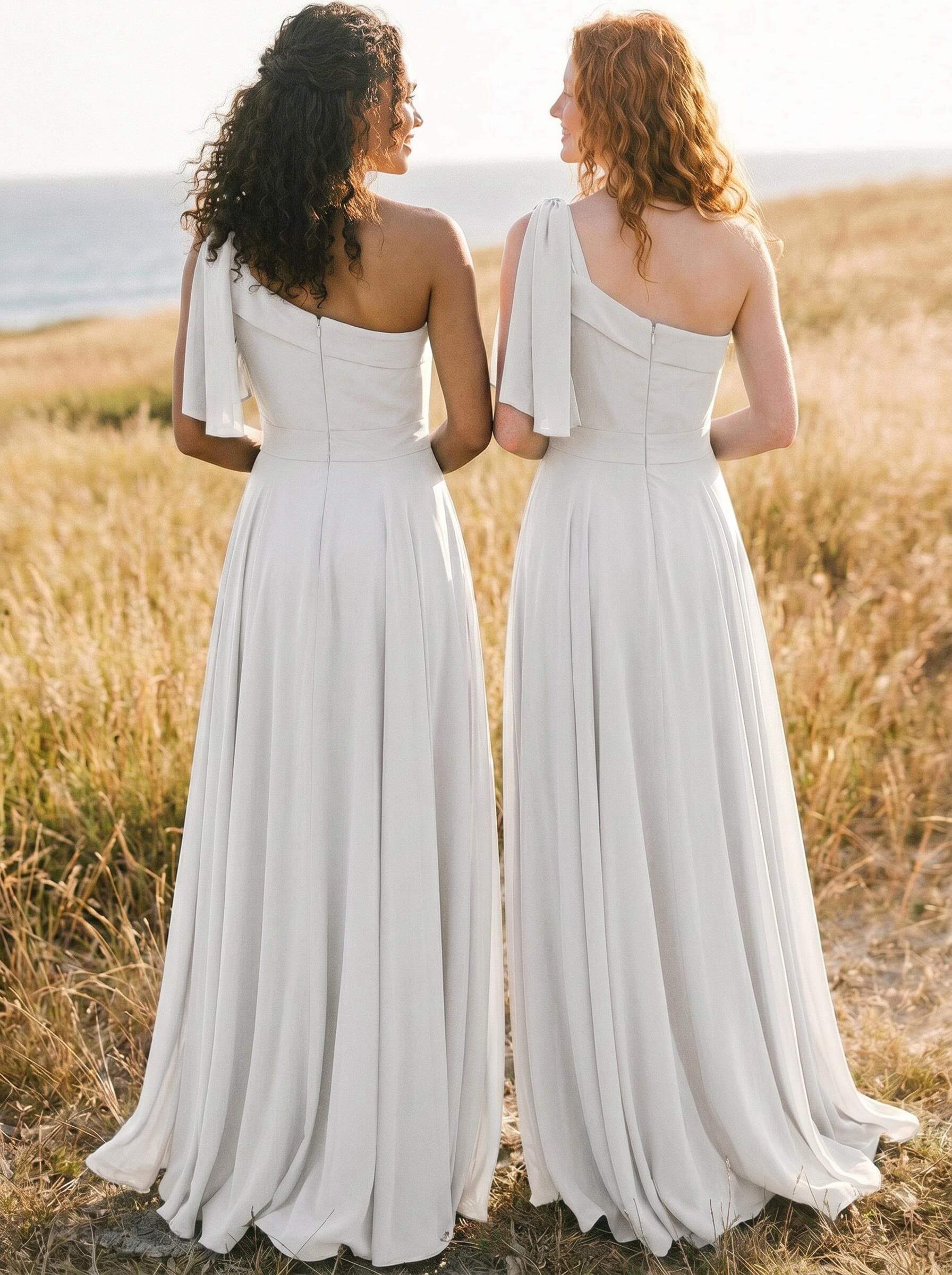 A-Line One-Shoulder Sleeveless Floor-Length Chiffon Bridesmaid Dresses With Bow(s)/Pockets, product image 113
