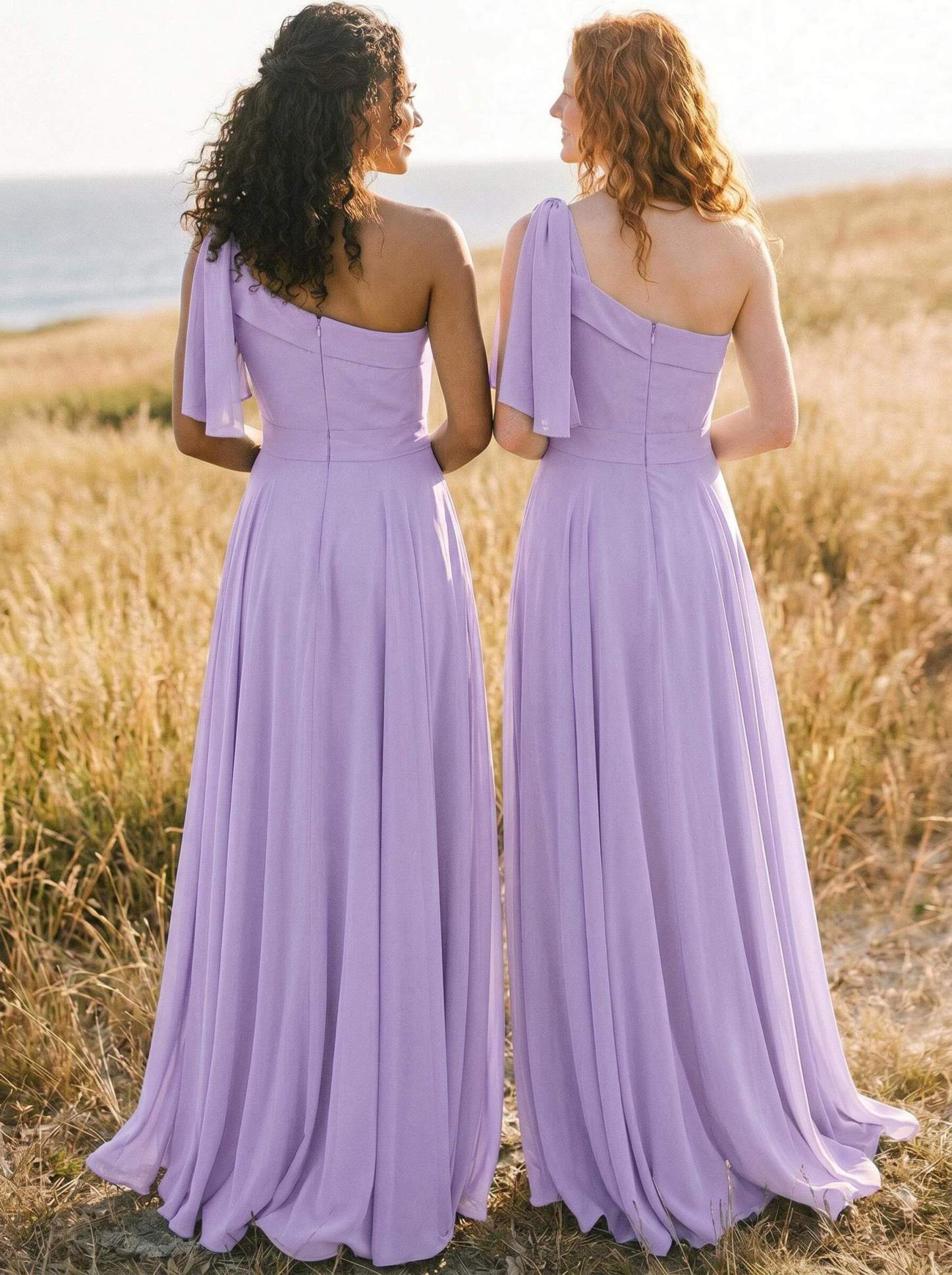 A-Line One-Shoulder Sleeveless Floor-Length Chiffon Bridesmaid Dresses With Bow(s)/Pockets, product image 65