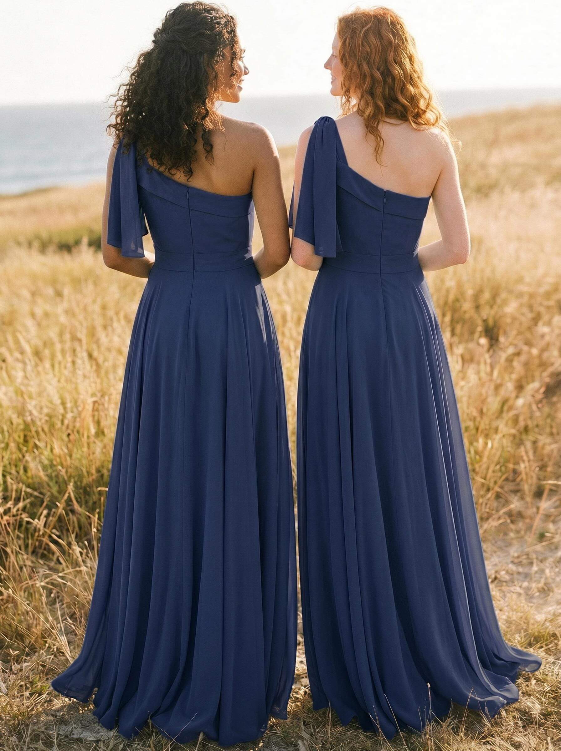 A-Line One-Shoulder Sleeveless Floor-Length Chiffon Bridesmaid Dresses With Bow(s)/Pockets, product image 9