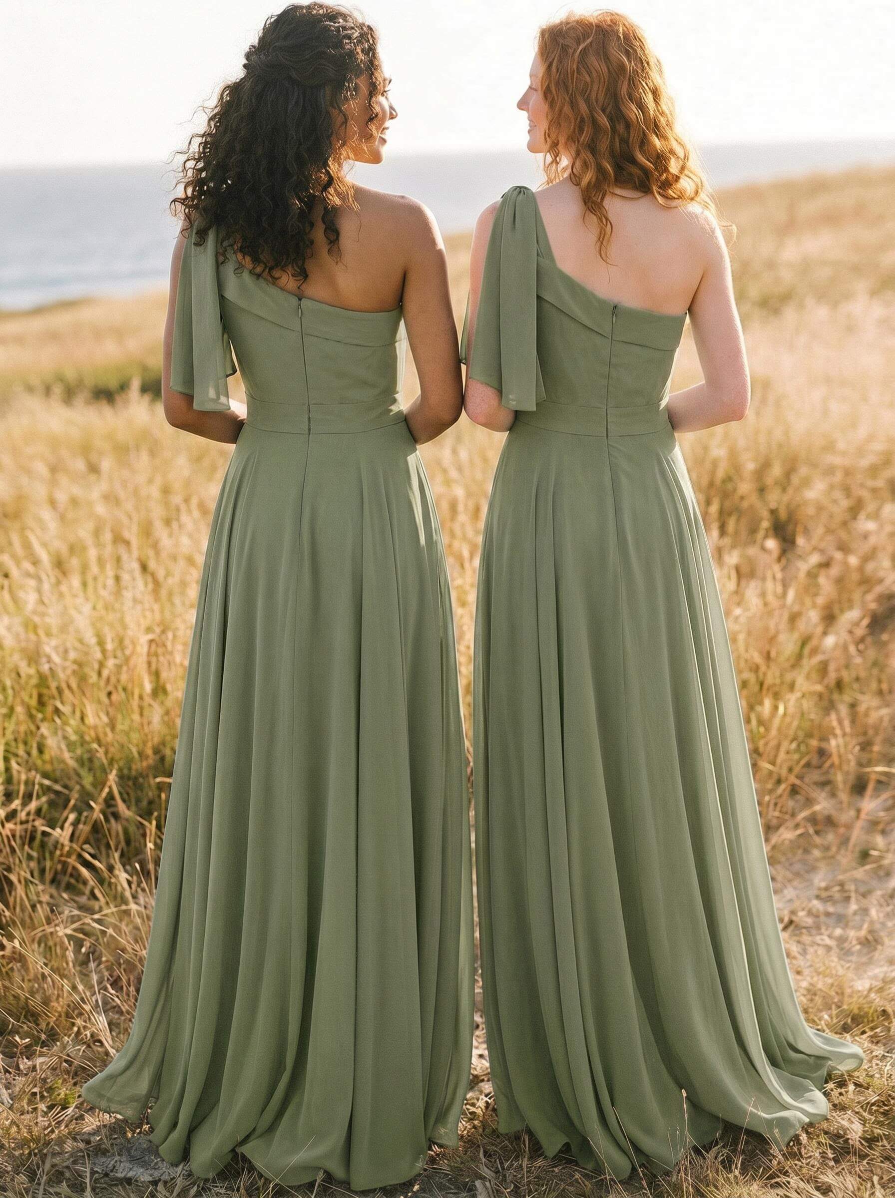A-Line One-Shoulder Sleeveless Floor-Length Chiffon Bridesmaid Dresses With Bow(s)/Pockets, product image 123