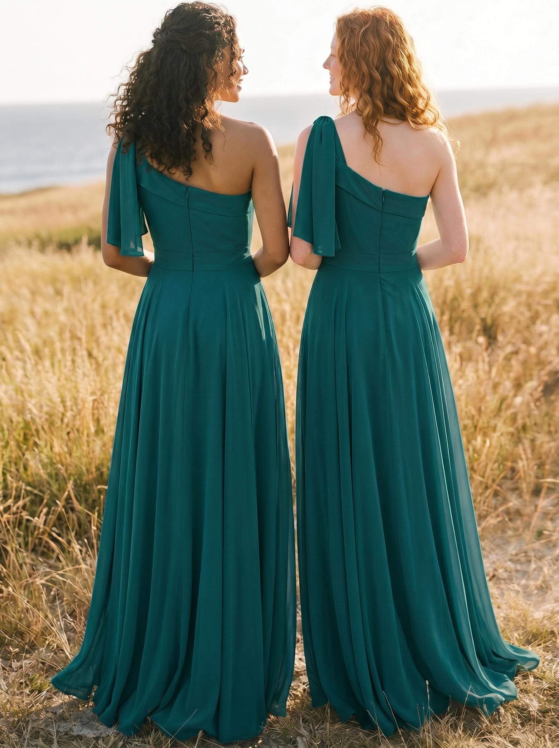 A-Line One-Shoulder Sleeveless Floor-Length Chiffon Bridesmaid Dresses With Bow(s)/Pockets, product image 87