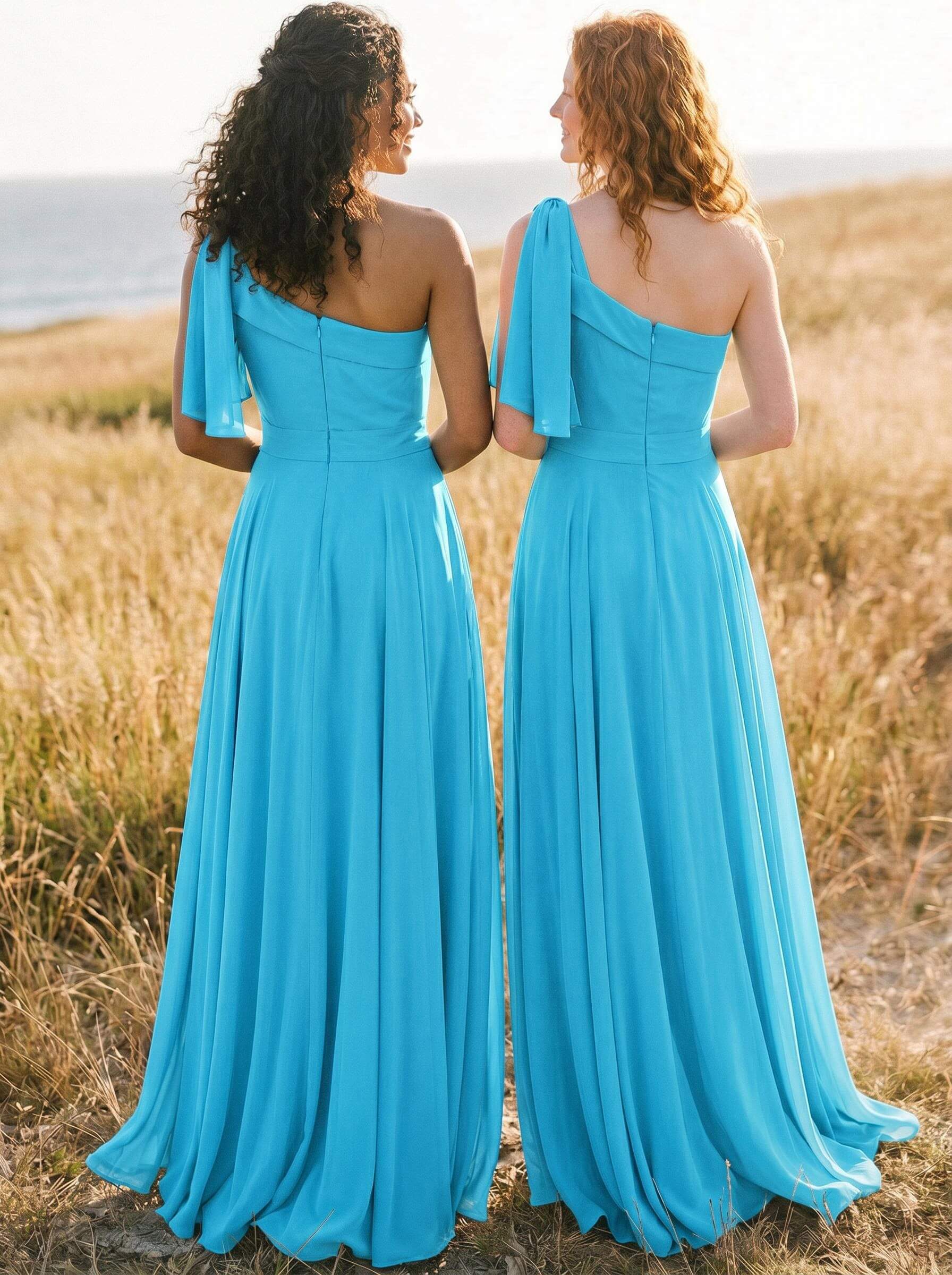 A-Line One-Shoulder Sleeveless Floor-Length Chiffon Bridesmaid Dresses With Bow(s)/Pockets, product image 21