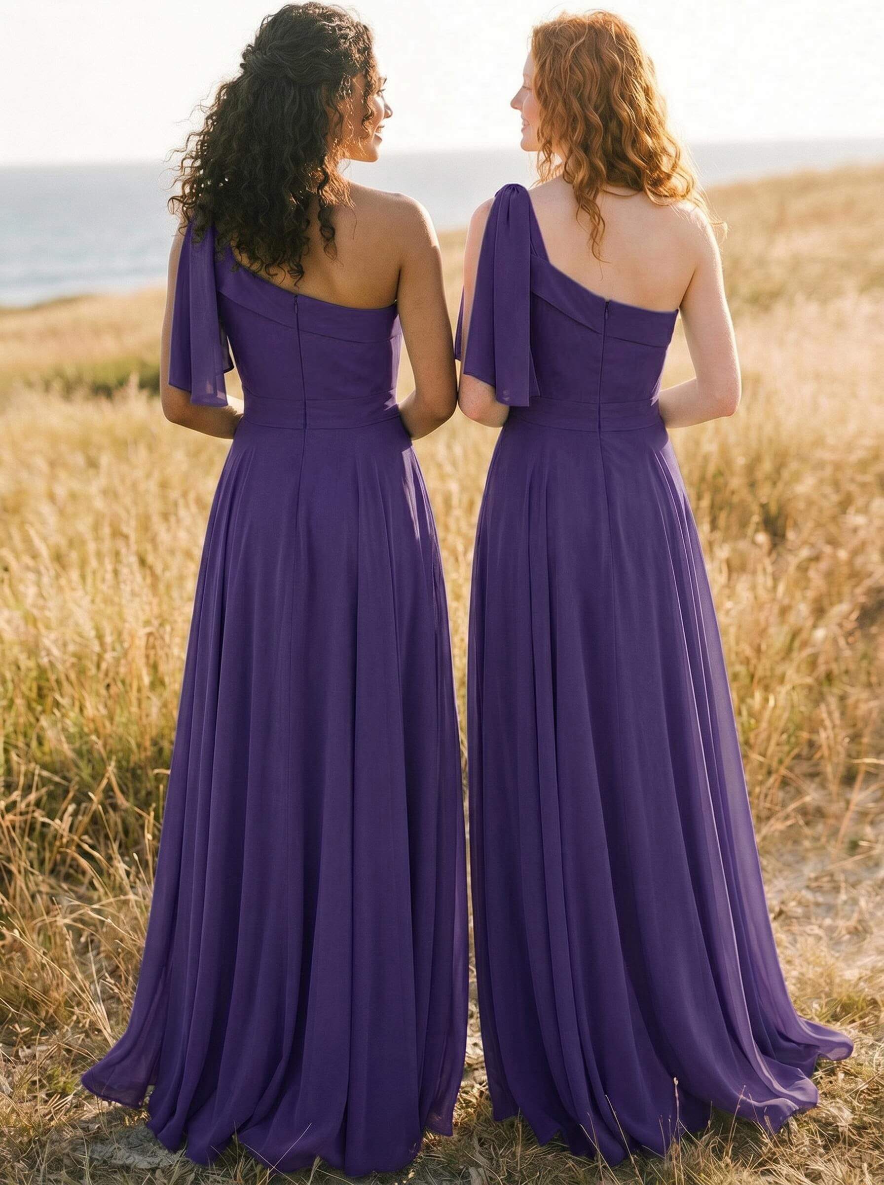 A-Line One-Shoulder Sleeveless Floor-Length Chiffon Bridesmaid Dresses With Bow(s)/Pockets, product image 81