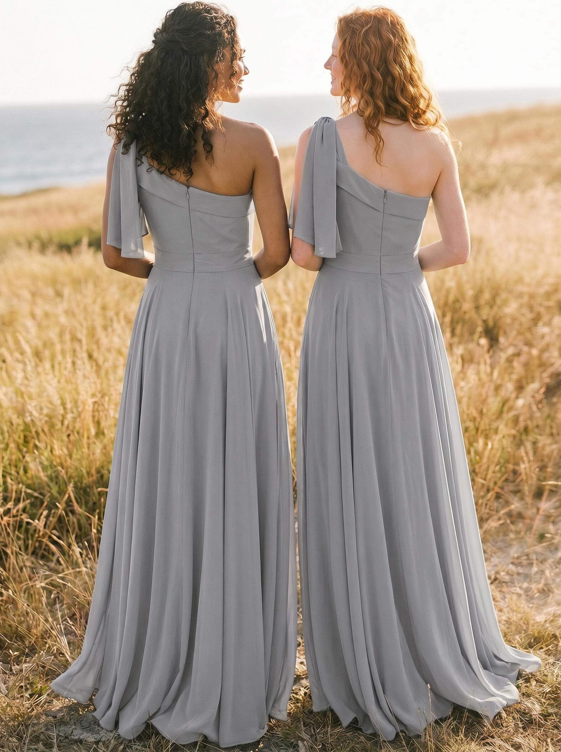 A-Line One-Shoulder Sleeveless Floor-Length Chiffon Bridesmaid Dresses With Bow(s)/Pockets, product image 117