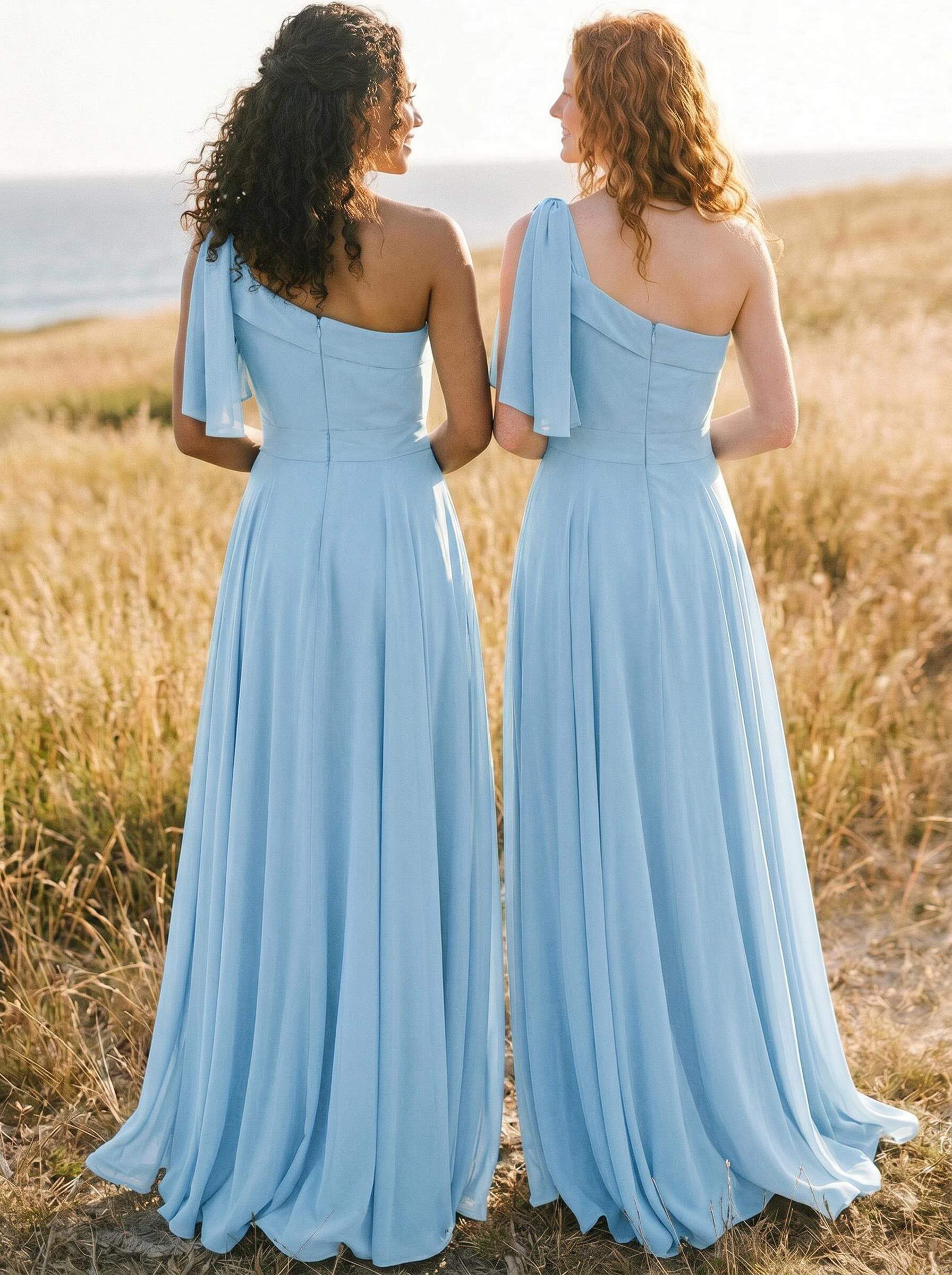 A-Line One-Shoulder Sleeveless Floor-Length Chiffon Bridesmaid Dresses With Bow(s)/Pockets, product image 25