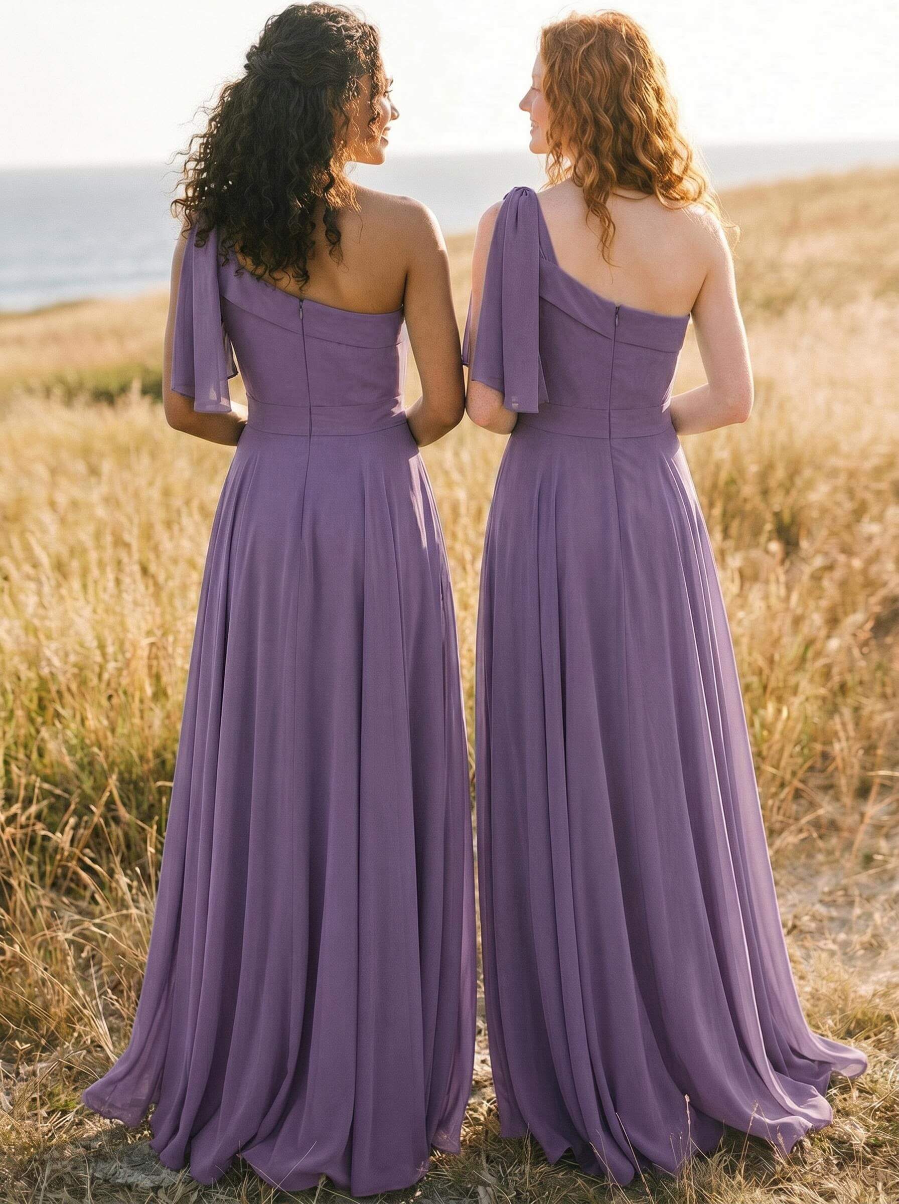 A-Line One-Shoulder Sleeveless Floor-Length Chiffon Bridesmaid Dresses With Bow(s)/Pockets, product image 69