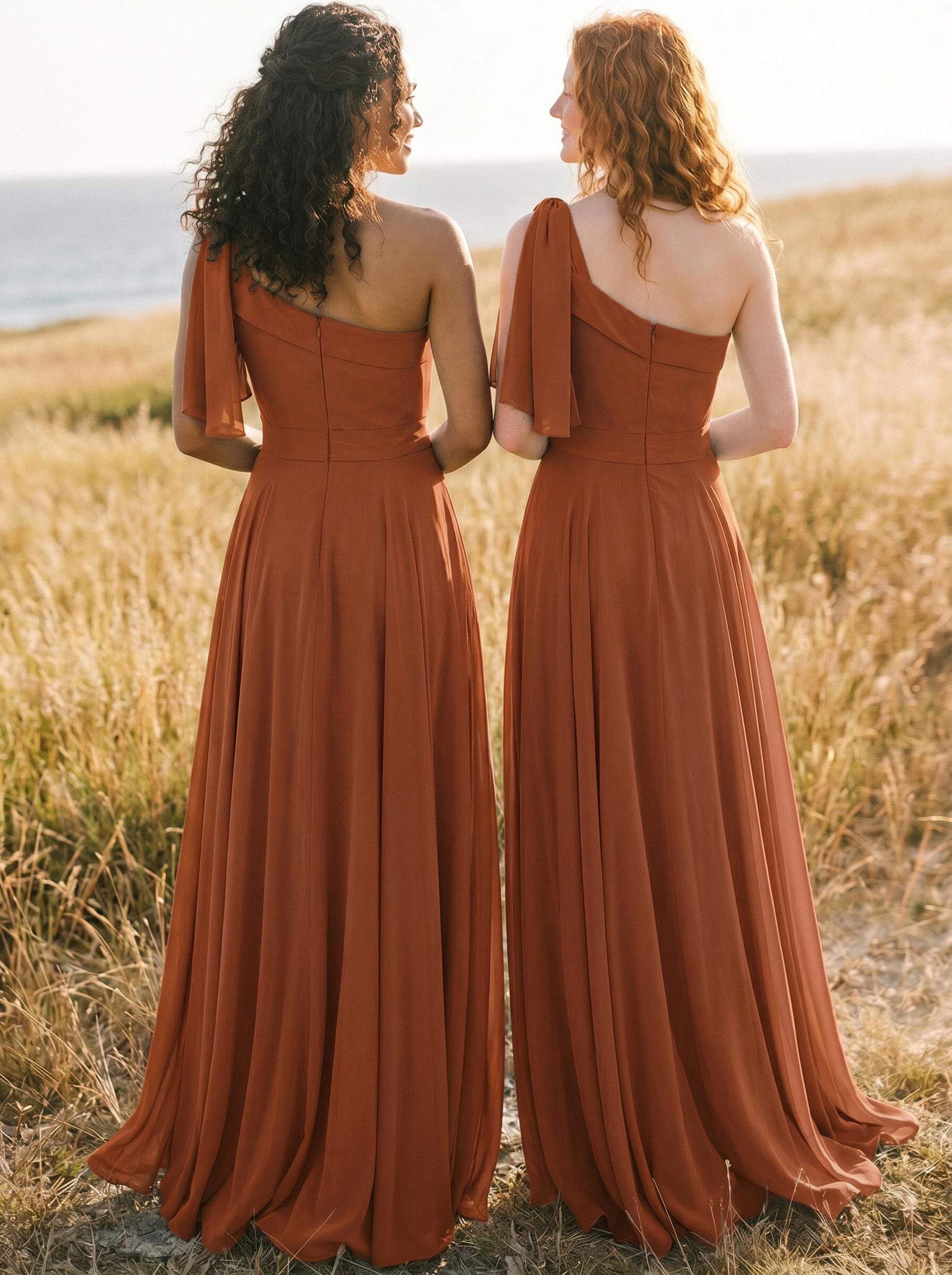 A-Line One-Shoulder Sleeveless Floor-Length Chiffon Bridesmaid Dresses With Bow(s)/Pockets, product image 137