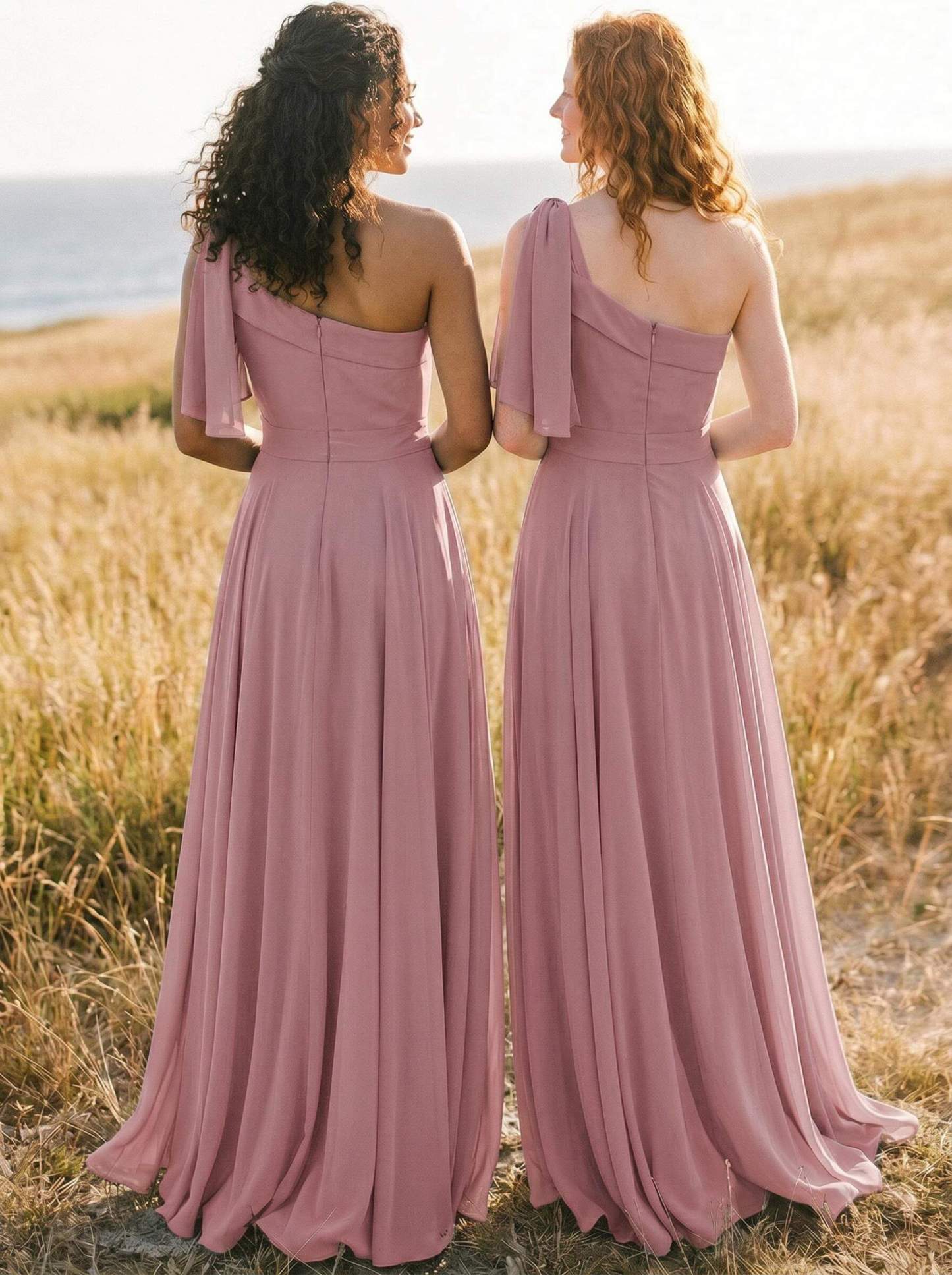 A-Line One-Shoulder Sleeveless Floor-Length Chiffon Bridesmaid Dresses With Bow(s)/Pockets, product image 61