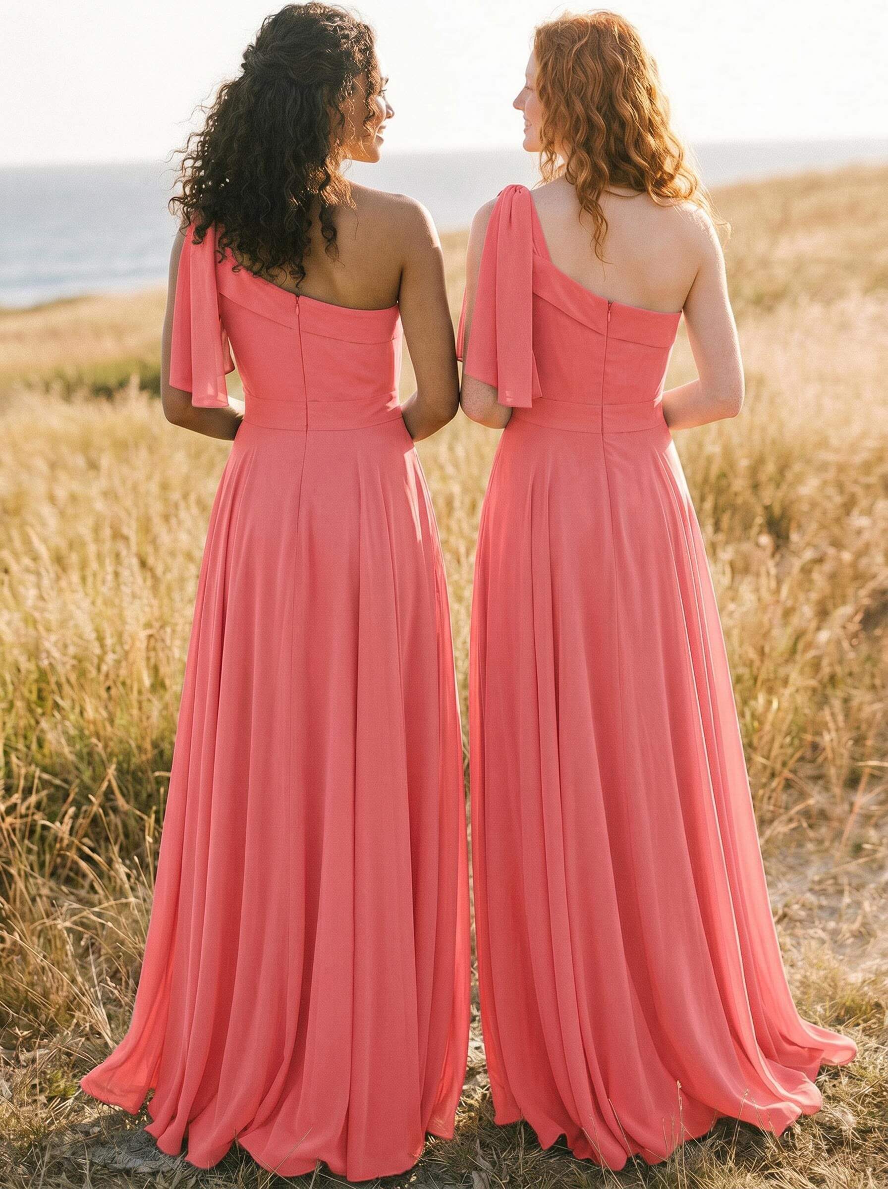 A-Line One-Shoulder Sleeveless Floor-Length Chiffon Bridesmaid Dresses With Bow(s)/Pockets, product image 41