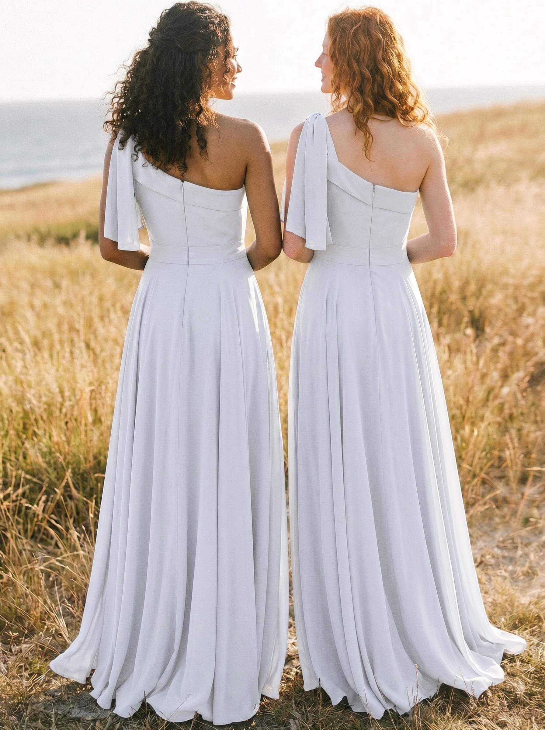 A-Line One-Shoulder Sleeveless Floor-Length Chiffon Bridesmaid Dresses With Bow(s)/Pockets, product image 115