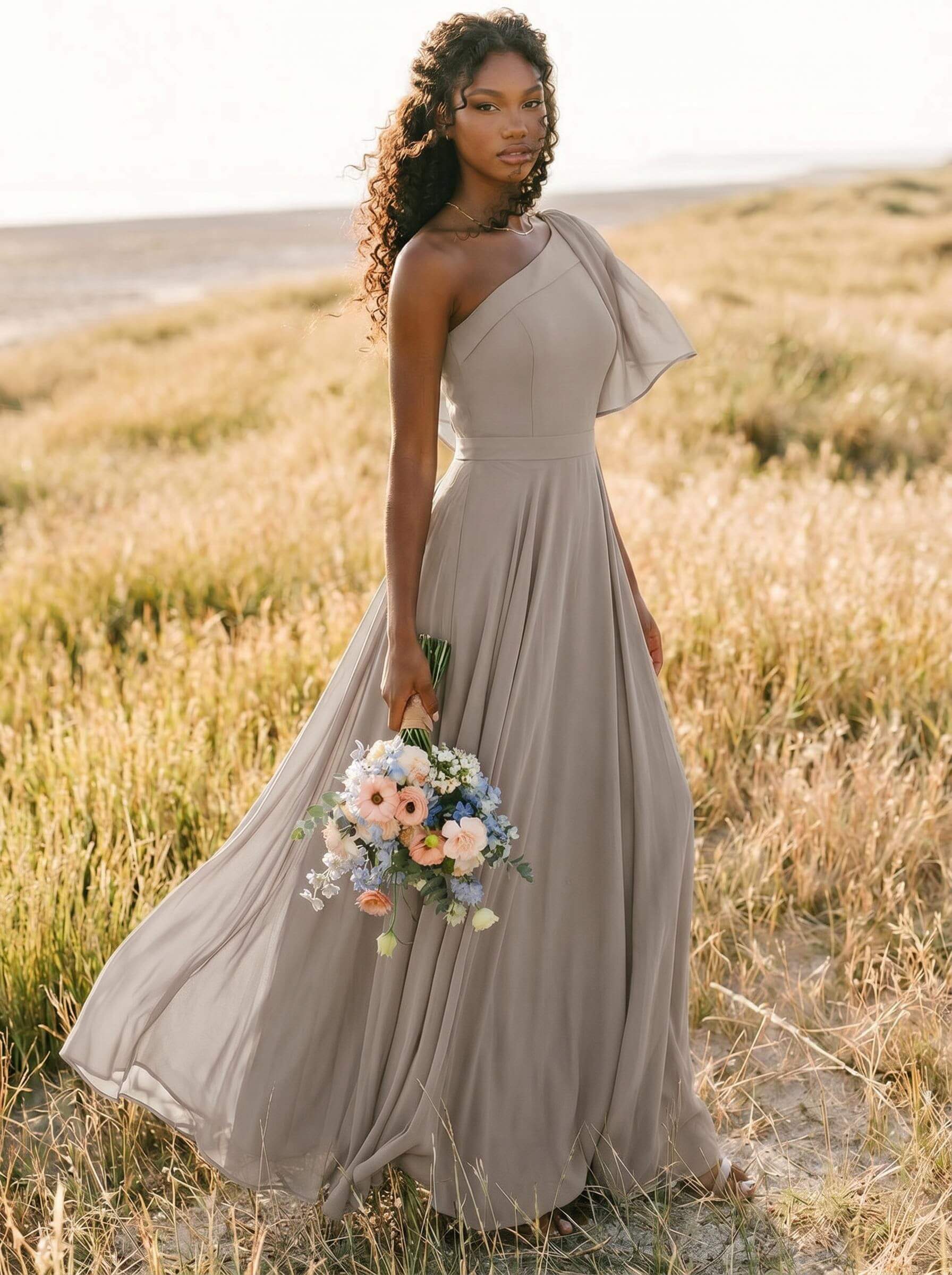 A-Line One-Shoulder Sleeveless Floor-Length Chiffon Bridesmaid Dresses With Bow(s)/Pockets, product image 260